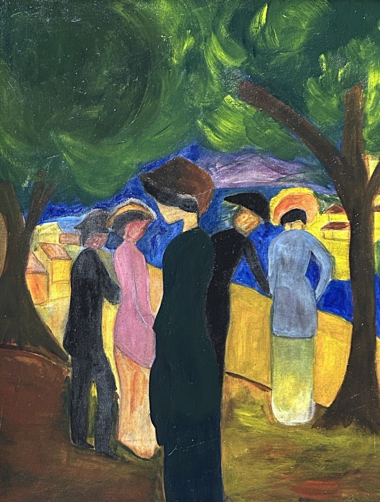 Art Expressionist Oil On Cardboard – Landscape With Figures, Framed photo