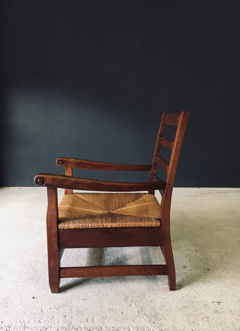 Rustic Solid Design Xl Oak & Rush Arm Lounge Chair, France 1930's photo vintage
