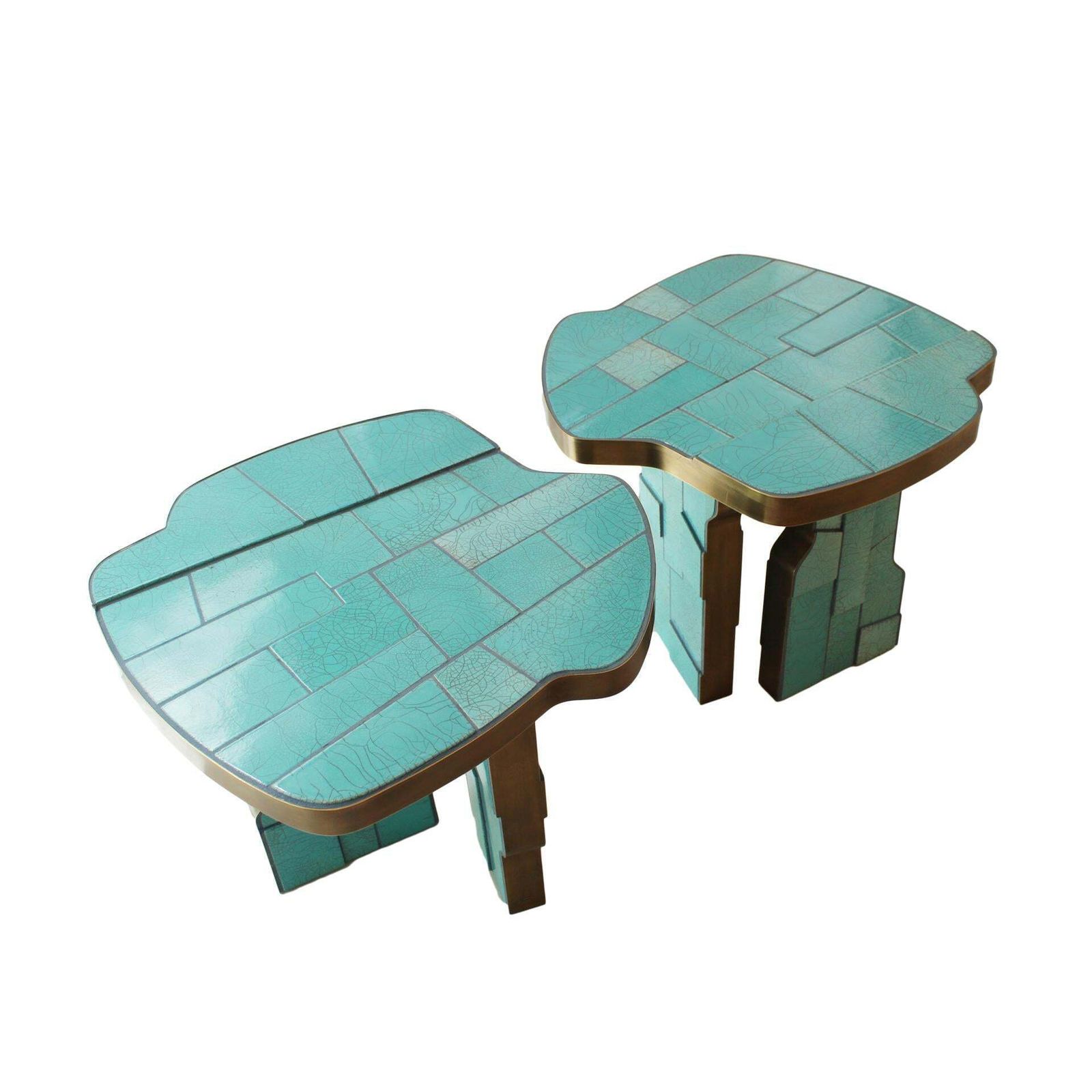 Pair Of Contemporary Italian Blue Turquois Side Tables Made Of Ceramic And Brass photo furniture