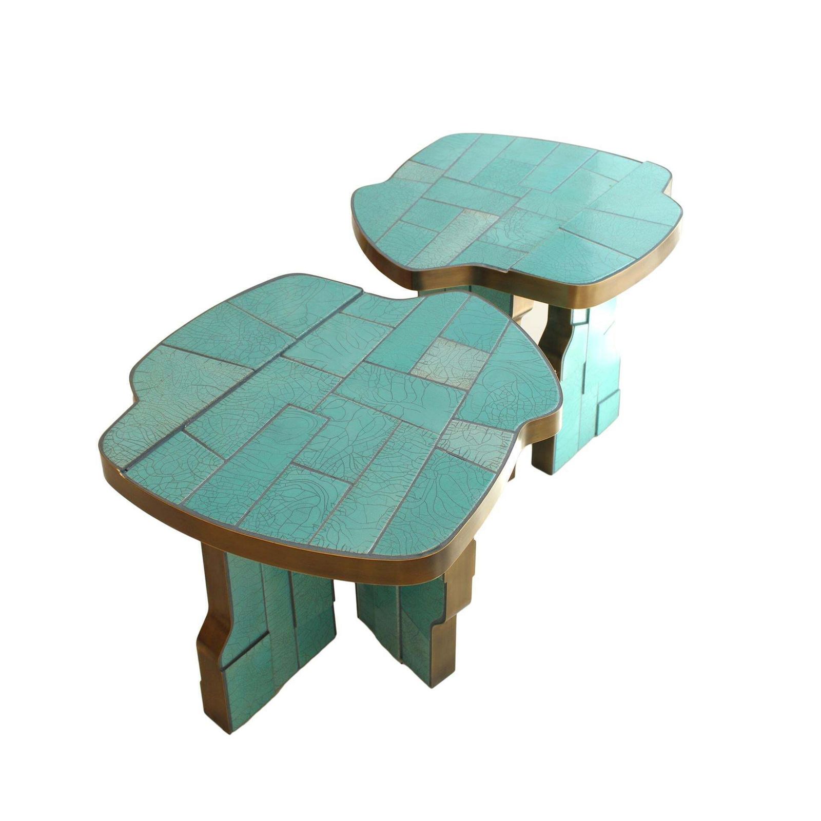 Pair Of Contemporary Italian Blue Turquois Side Tables Made Of Ceramic And Brass photo for sale