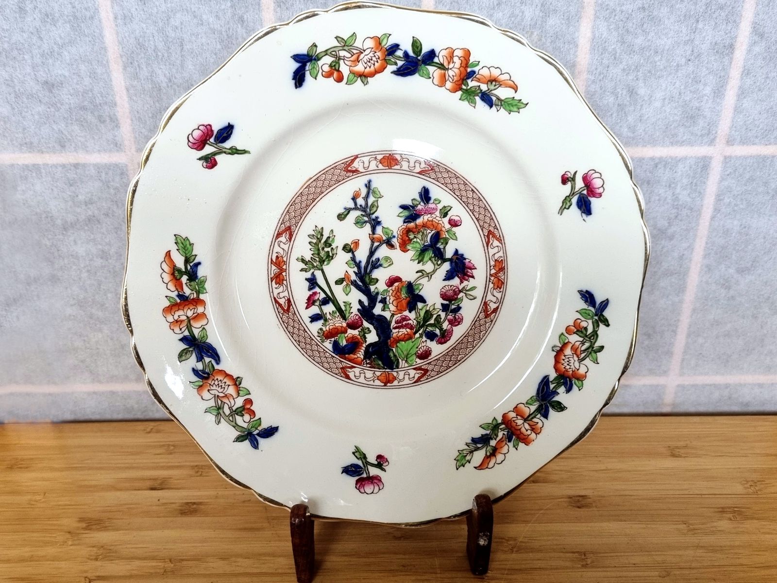 photo for sale Rare Indian Tree Plate, Hancock & Sons England, Victorian 1800s, Opaque China, Scalloped Edge, Gilt Trim