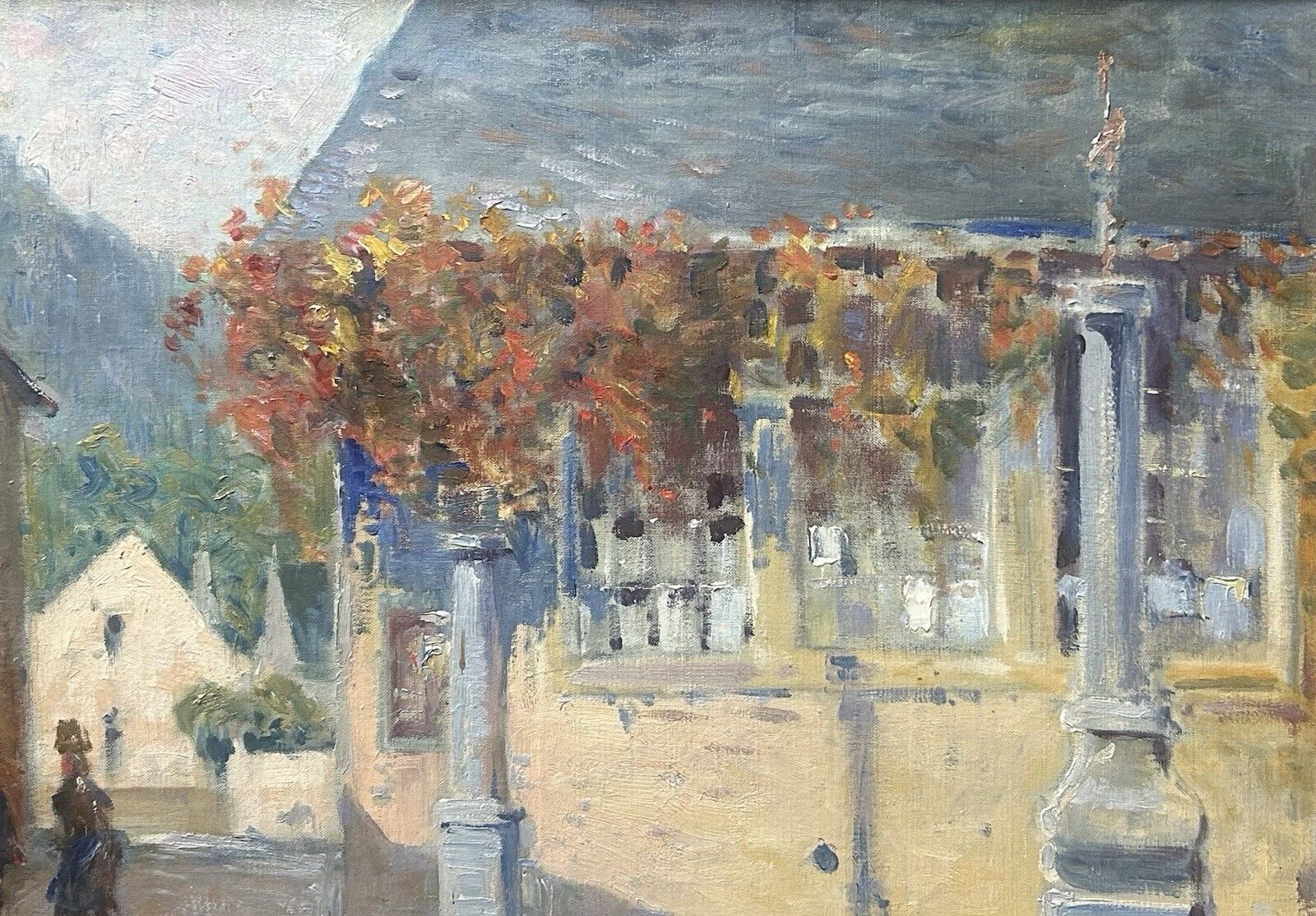 Framed Antique Impressionist Oil Painting – Town Scene, Architecture, Cityscape photo vinterior