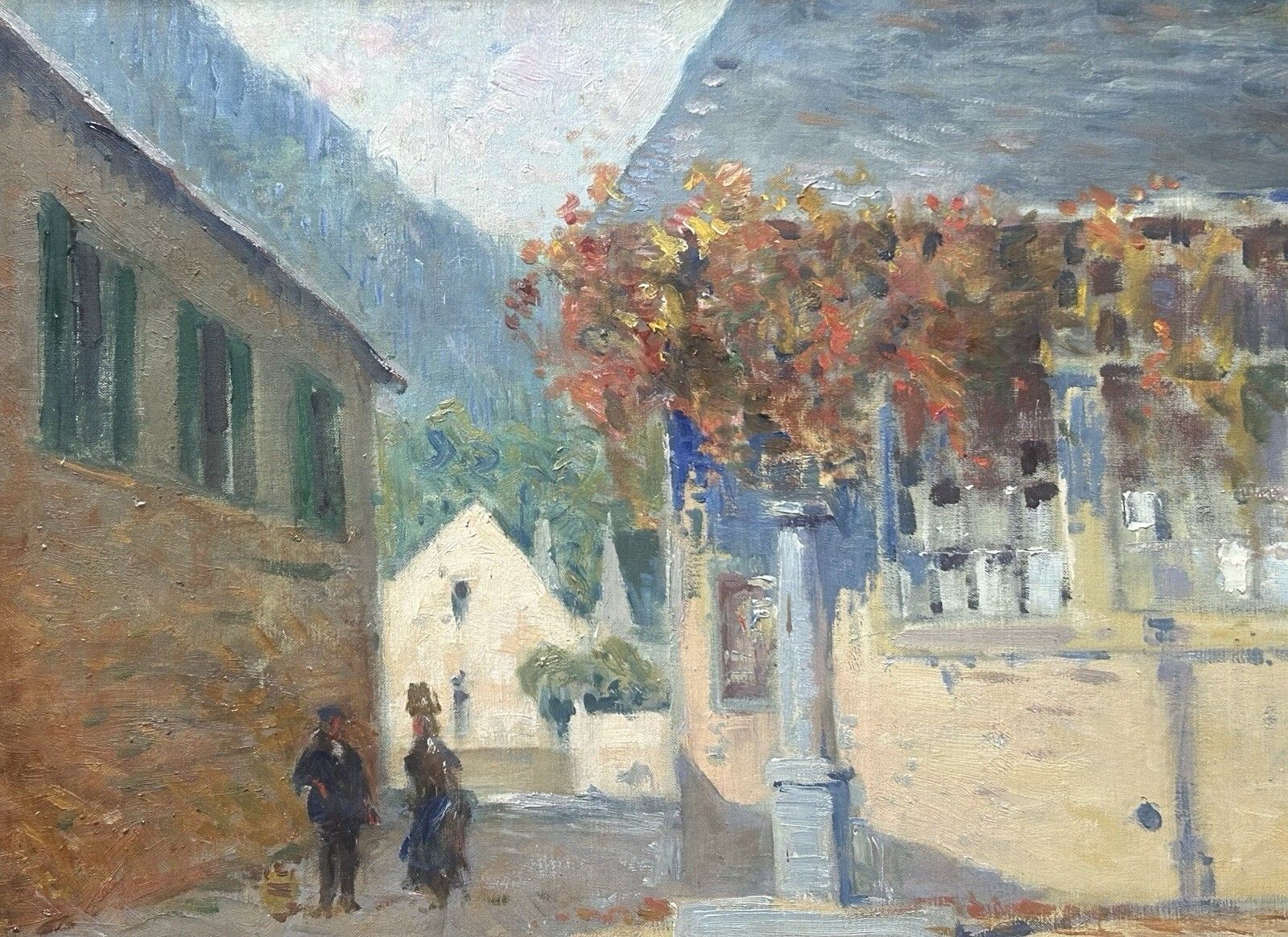 photo for sale Framed Antique Impressionist Oil Painting – Town Scene, Architecture, Cityscape