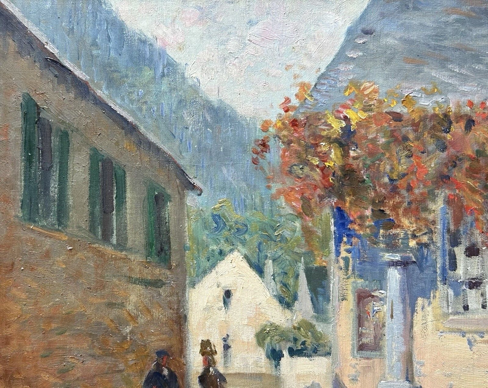 photo vinterior Framed Antique Impressionist Oil Painting – Town Scene, Architecture, Cityscape