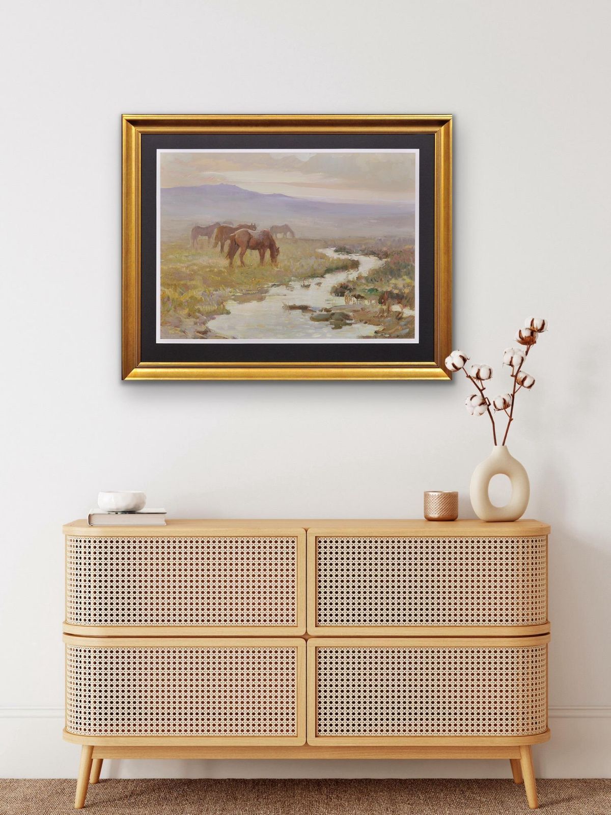 photo furniture Charles Walter Simpson 1885 To 1971. English. Dartmoor Ponies. Devon National Park Landscape. Framed 1930s West Country Oil Painting Of Wild Horses.