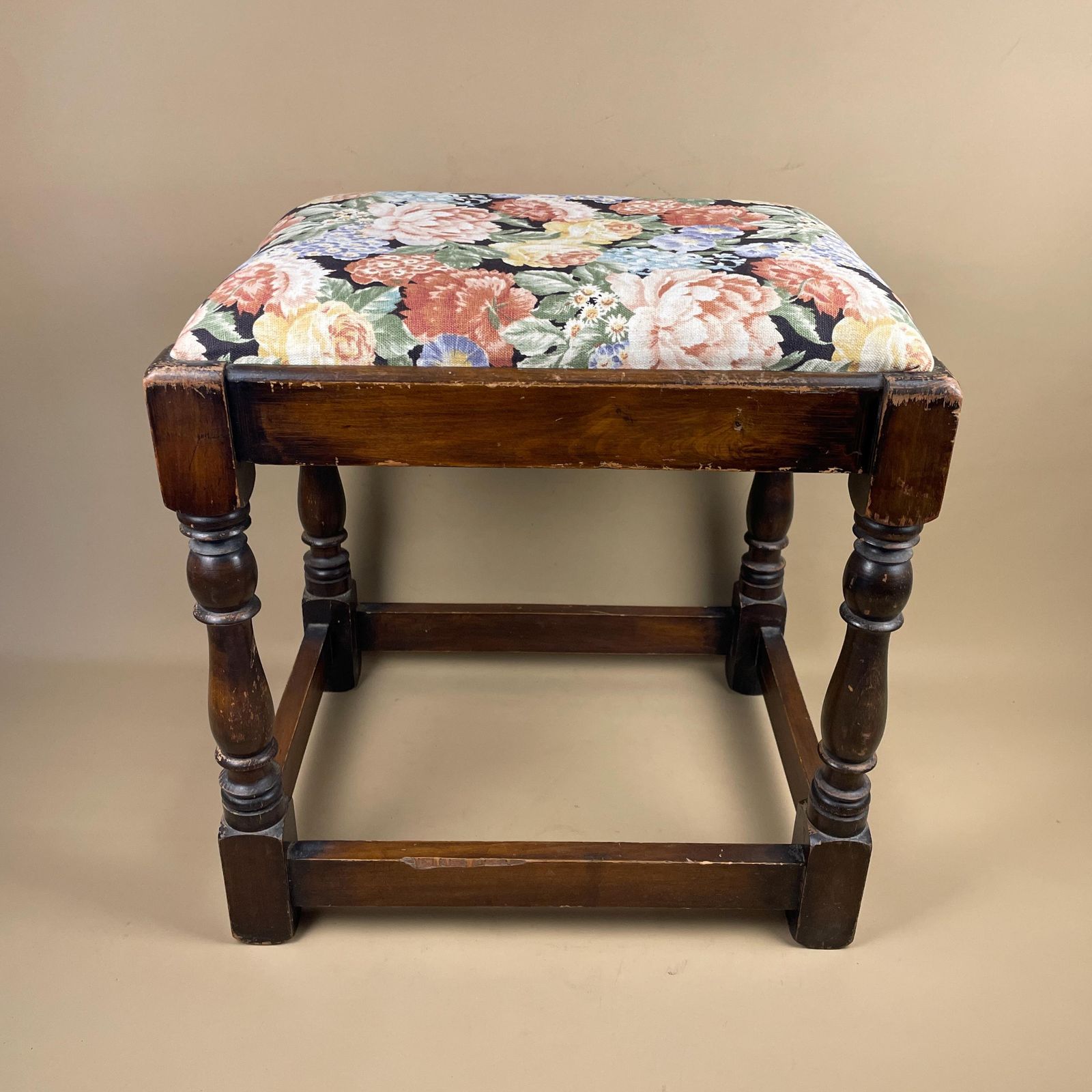 photo for sale Vintage Tapestry Footstool Floral Printed Pattern Upholstery Wooden Frame Cottage Style Country Home Decorative Farmhouse Accent Furniture