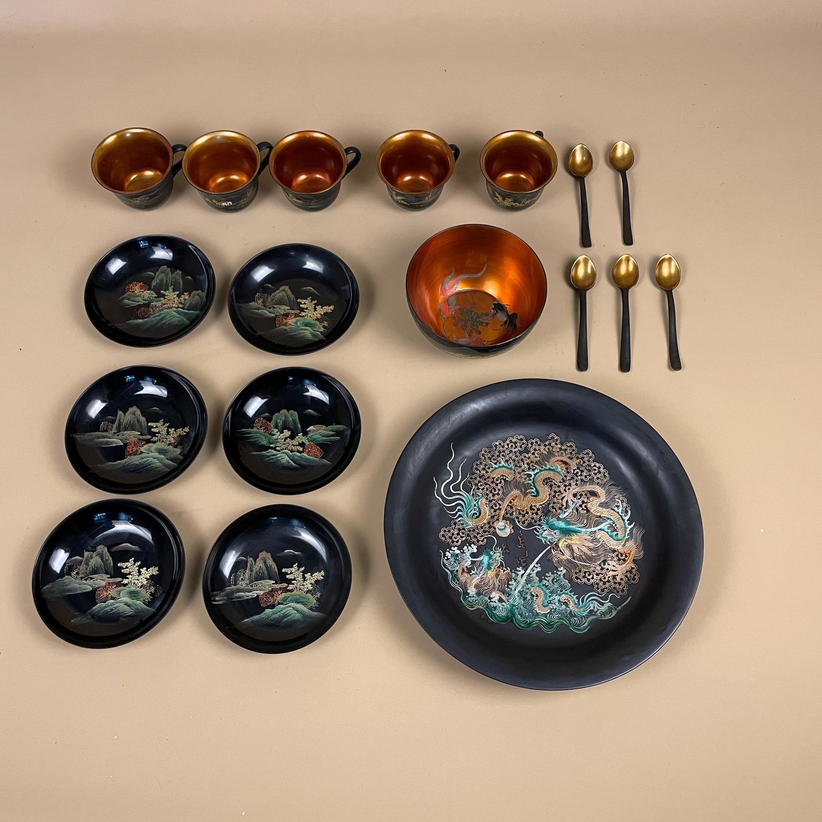 Japanese Lacquerware Tea Set Hand Painted Black Red Dragon Landscape Vintage Japanese Art Lacquer Cups Plates Bowls Spoons Oriental Decor