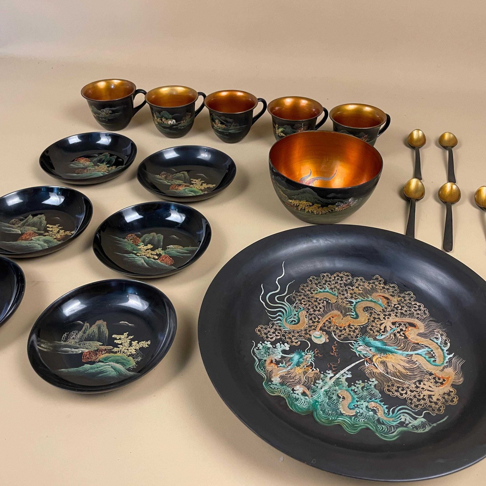 Japanese Lacquerware Tea Set Hand Painted Black Red Dragon Landscape Vintage Japanese Art Lacquer Cups Plates Bowls Spoons Oriental Decor photo for sale
