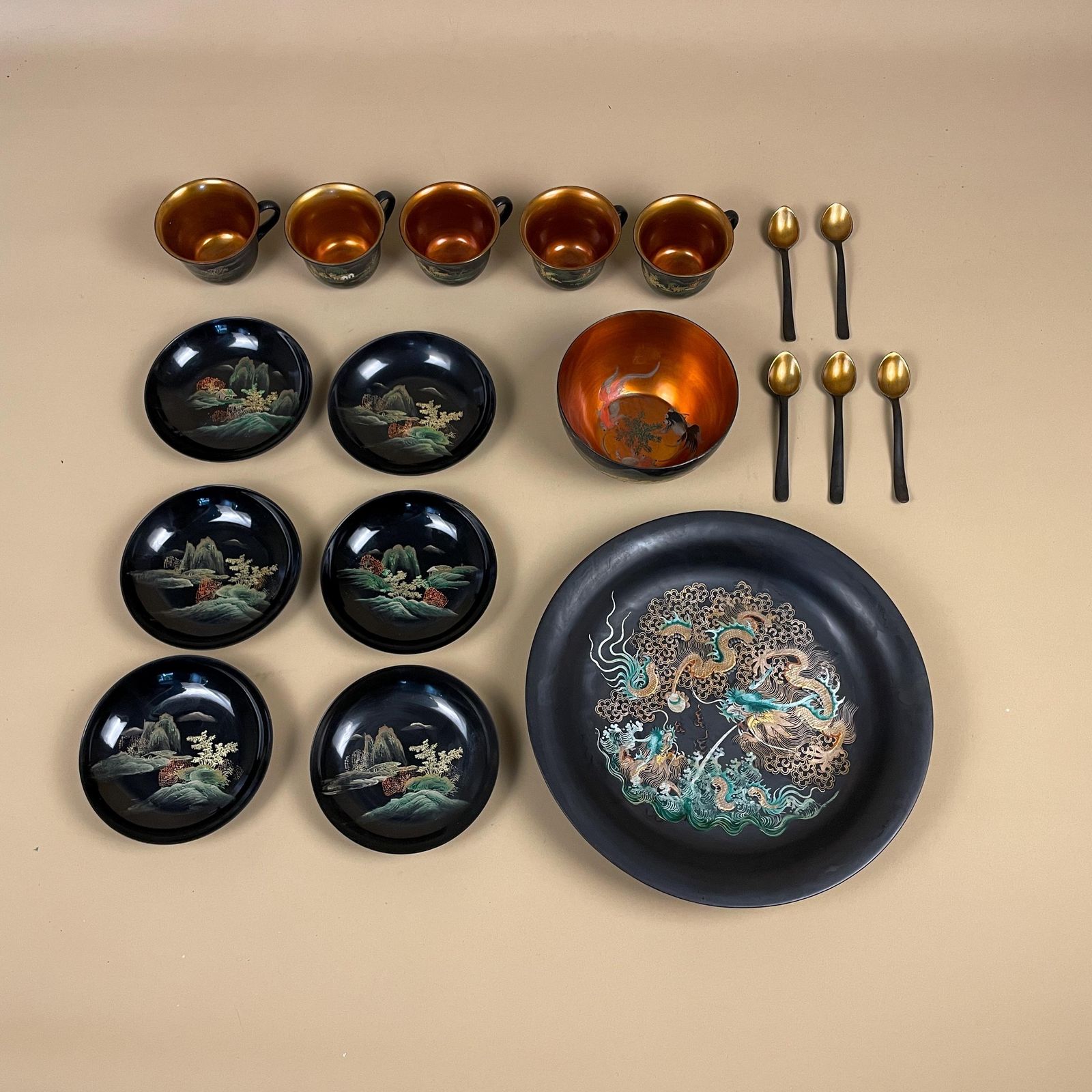 photo for sale Japanese Lacquerware Tea Set Hand Painted Black Red Dragon Landscape Vintage Japanese Art Lacquer Cups Plates Bowls Spoons Oriental Decor
