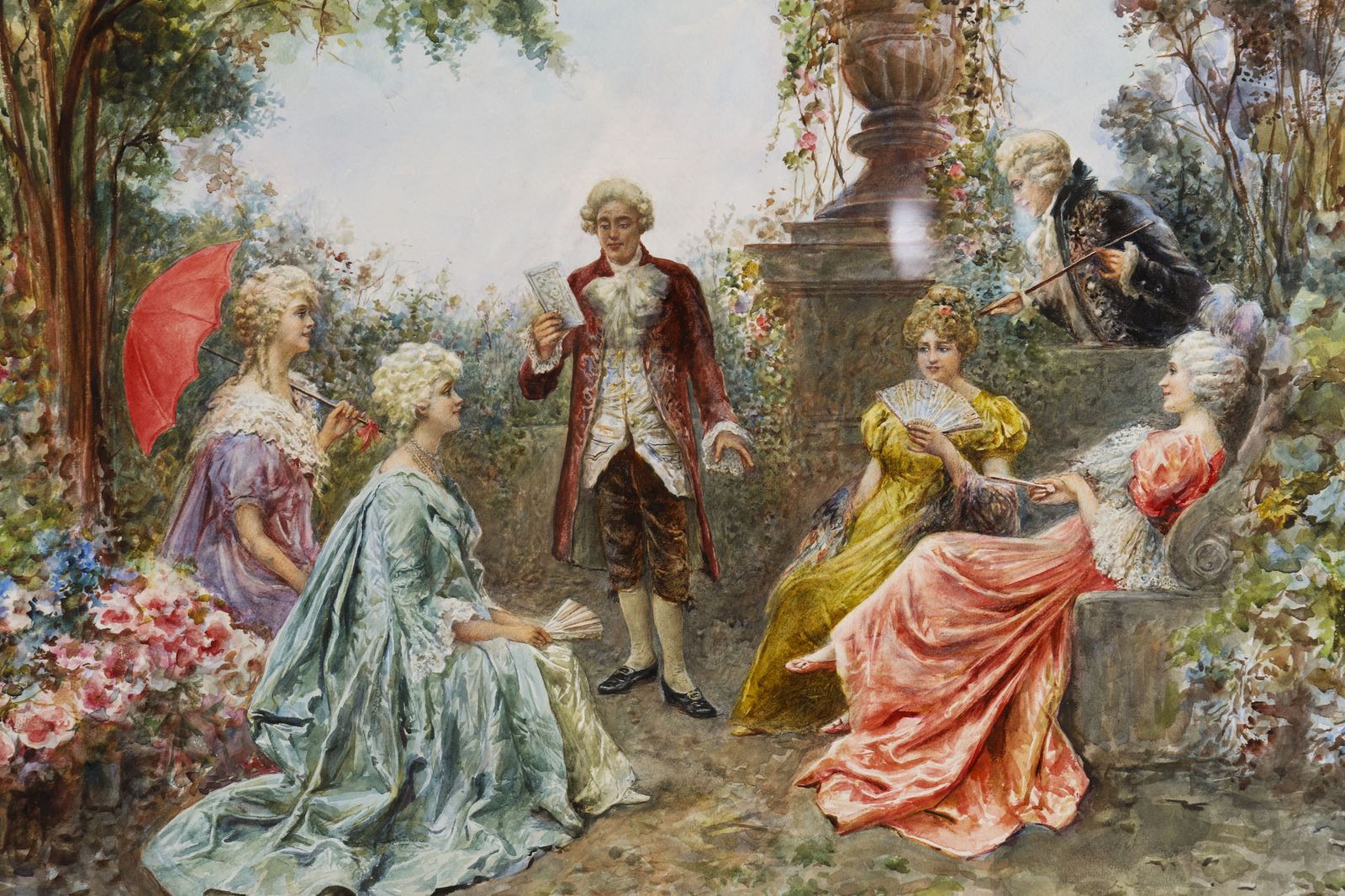 Antique Watercolour 'The Garden Music Recital' By Martinetti 19thc  83x102cm photo Art