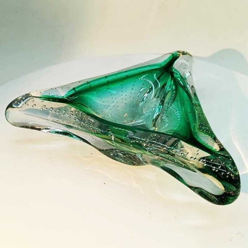1960s Big Triangular Ashtray Or Catch All In Murano Glass With Air Bubble. Made In Italy. photo furniture