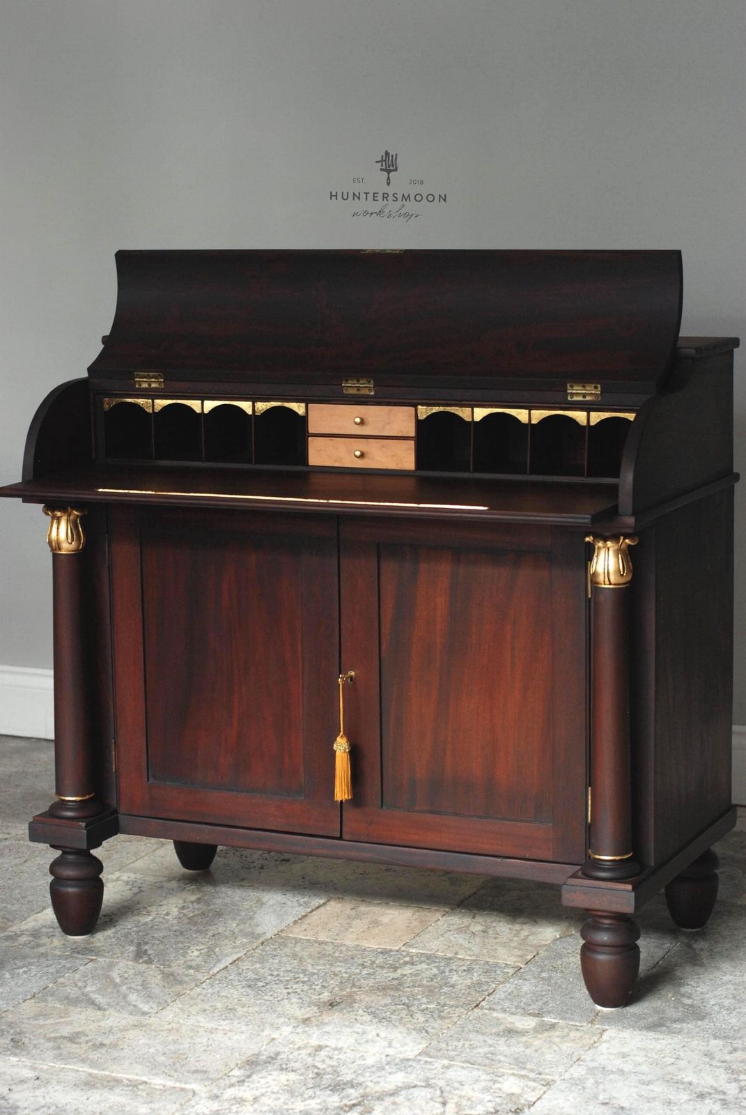 Antique Mahogany Cylinder Writing Bureau Chiffonier