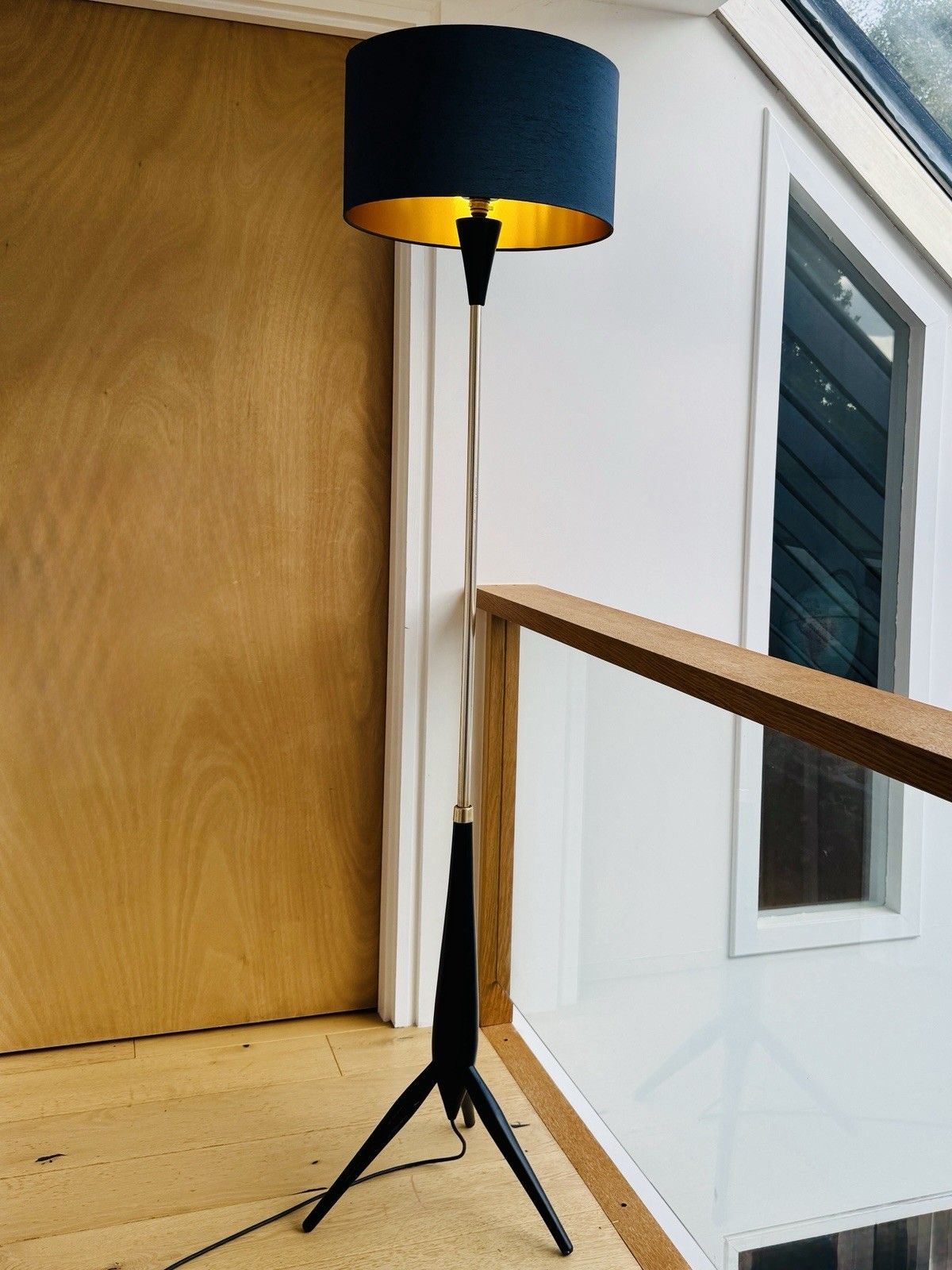 Lighting Very Tall 1950s Brass & Ebonised Wood Tripod Floor Lamp With Shade Vgc photo