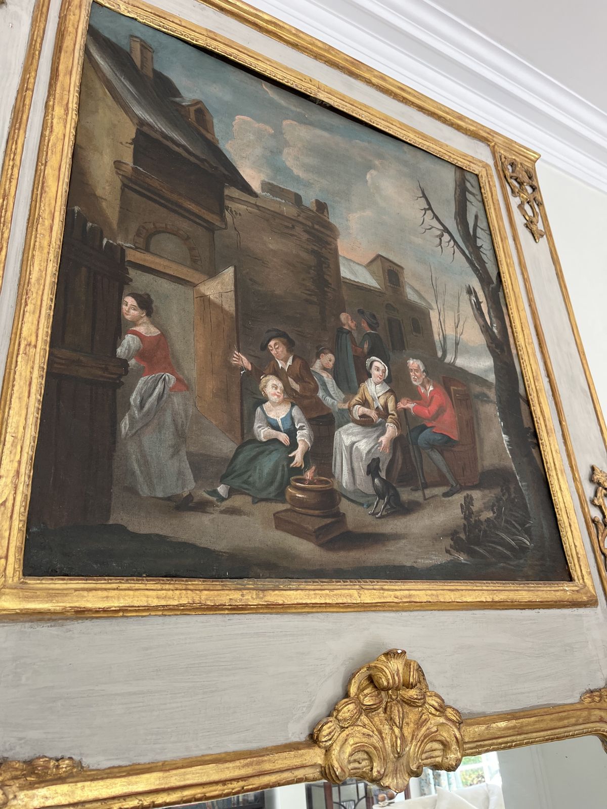 Pair Exquisite Large Trumeau Grey And Gilt Wall Mirrors With Oil Paintings Of Pastoral Scenes photo Home Decor