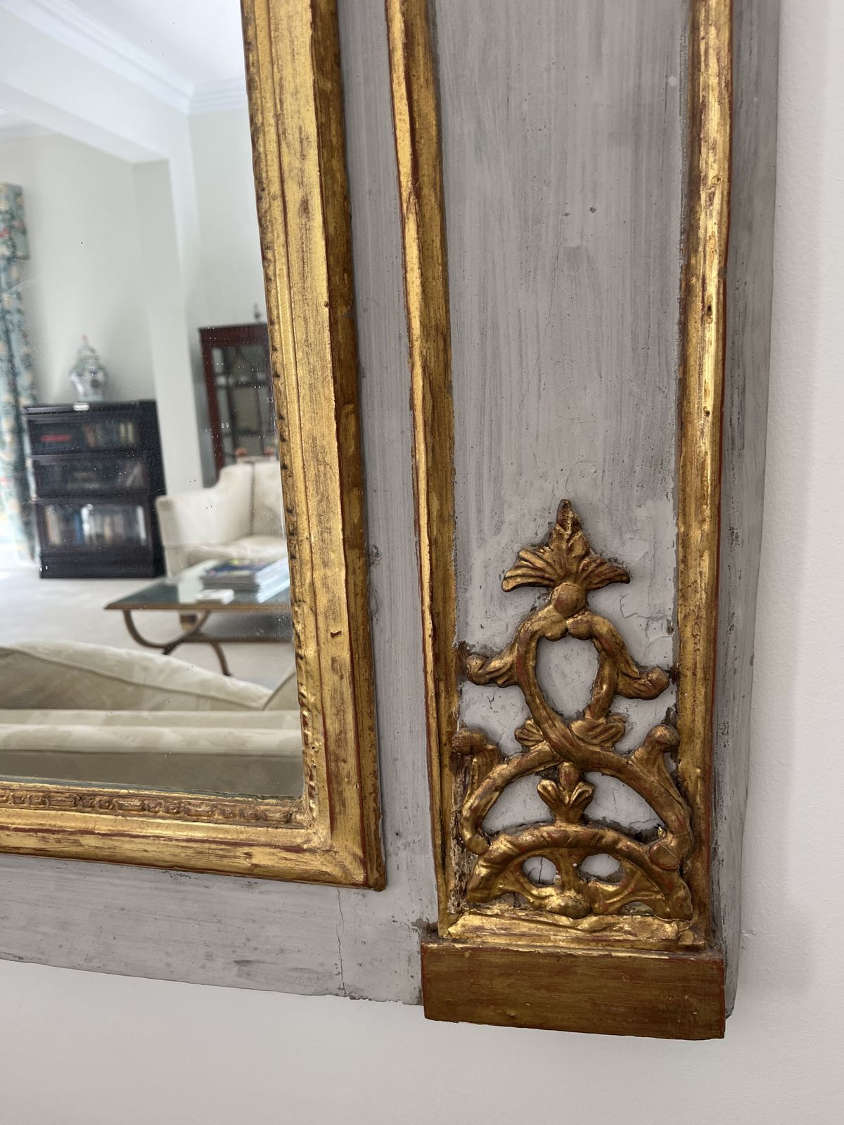 Pair Exquisite Large Trumeau Grey And Gilt Wall Mirrors With Oil Paintings Of Pastoral Scenes photo vinterior