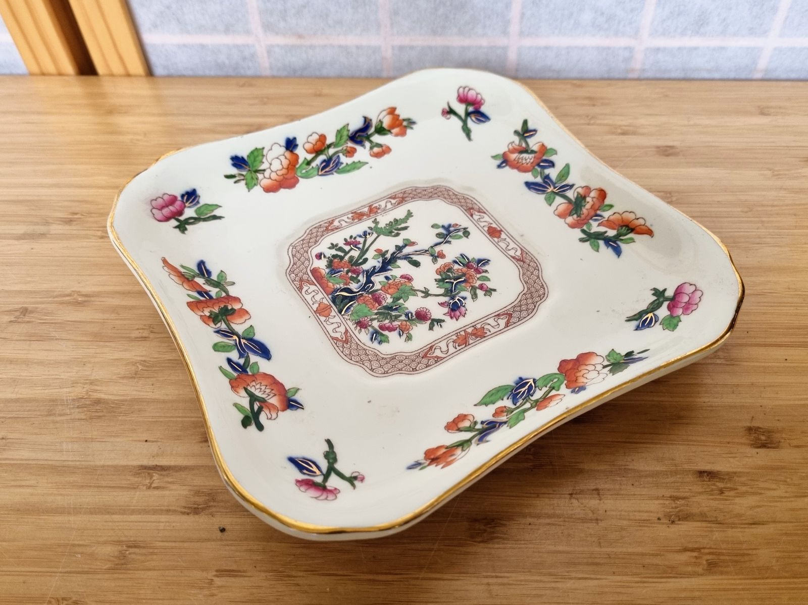 Indian Tree Dish, Hancock & Sons England, Opaque China, Square Scalloped, Gilt Trim, Victorian 1800s photo buy