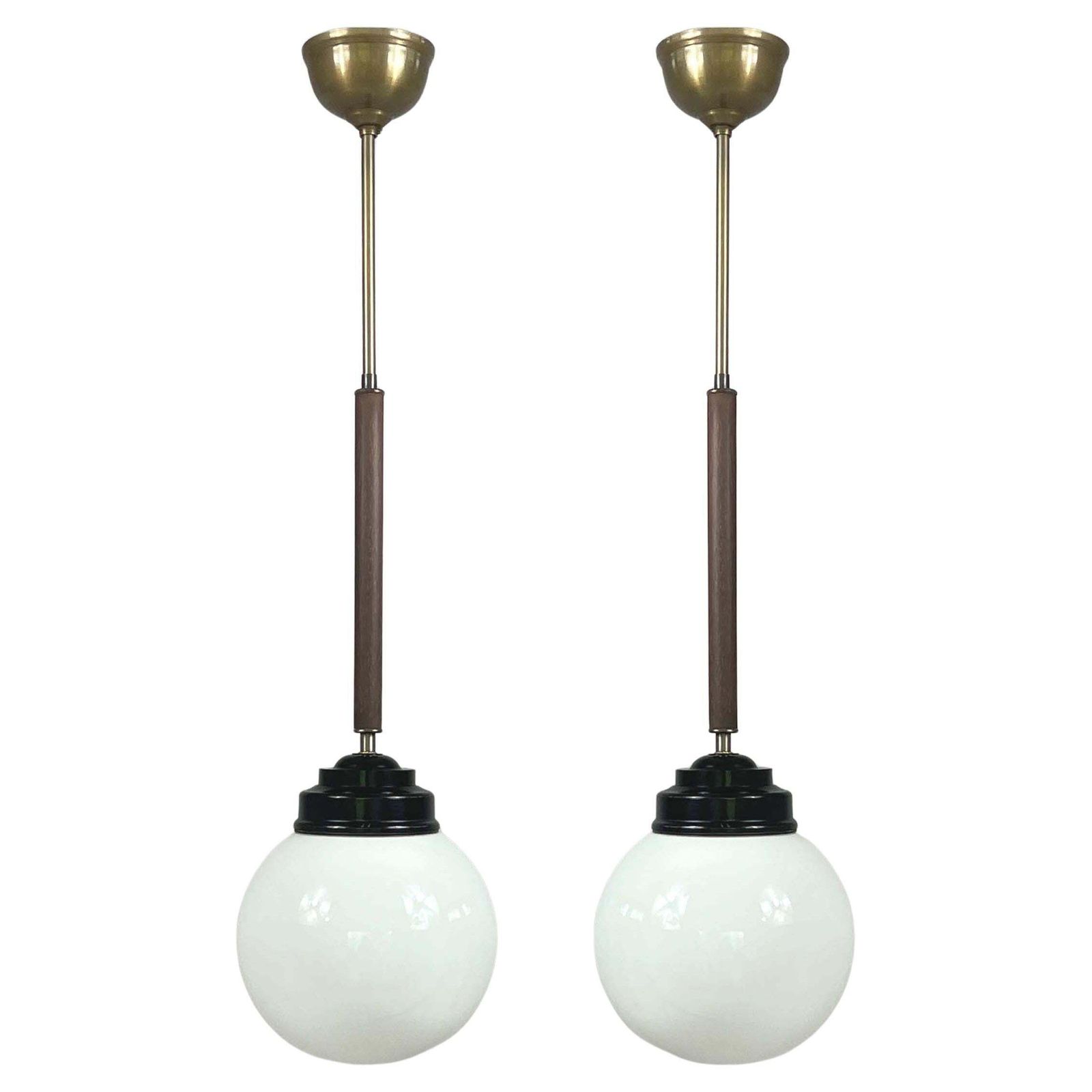 Pair Opaline Glass, Bakelite & Wood Pendants By Sieverts Kabelverk, Sweden 1940s