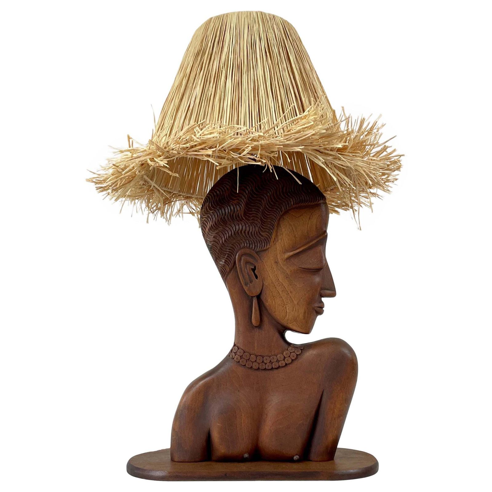 Teak Female Bust Table Lamp With Raffia Shade, France 1950s