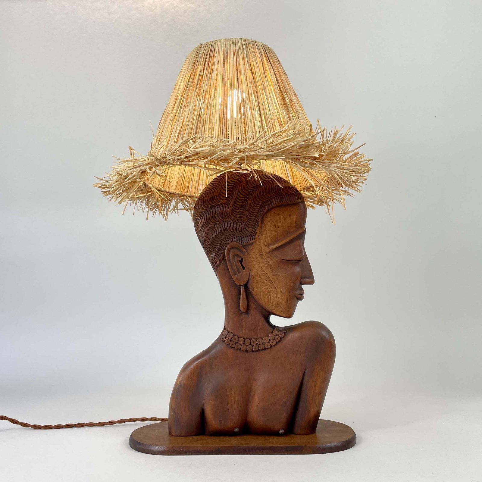 Teak Female Bust Table Lamp With Raffia Shade, France 1950s photo for sale
