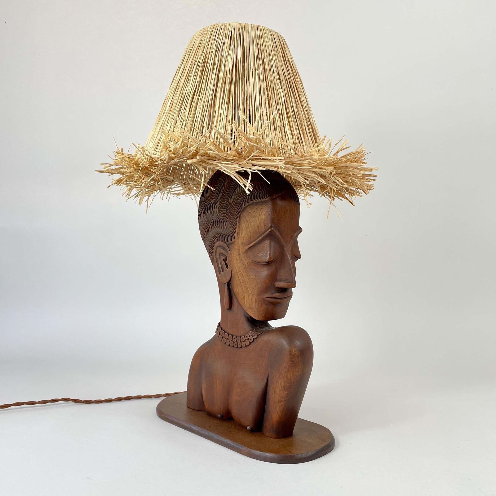 Lighting Teak Female Bust Table Lamp With Raffia Shade, France 1950s photo