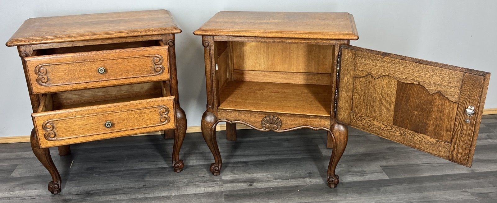 Pair Of Bedside Tables Vintage French Louis XVI Oak Carved Cabinets Lot 4406 photo vintage
