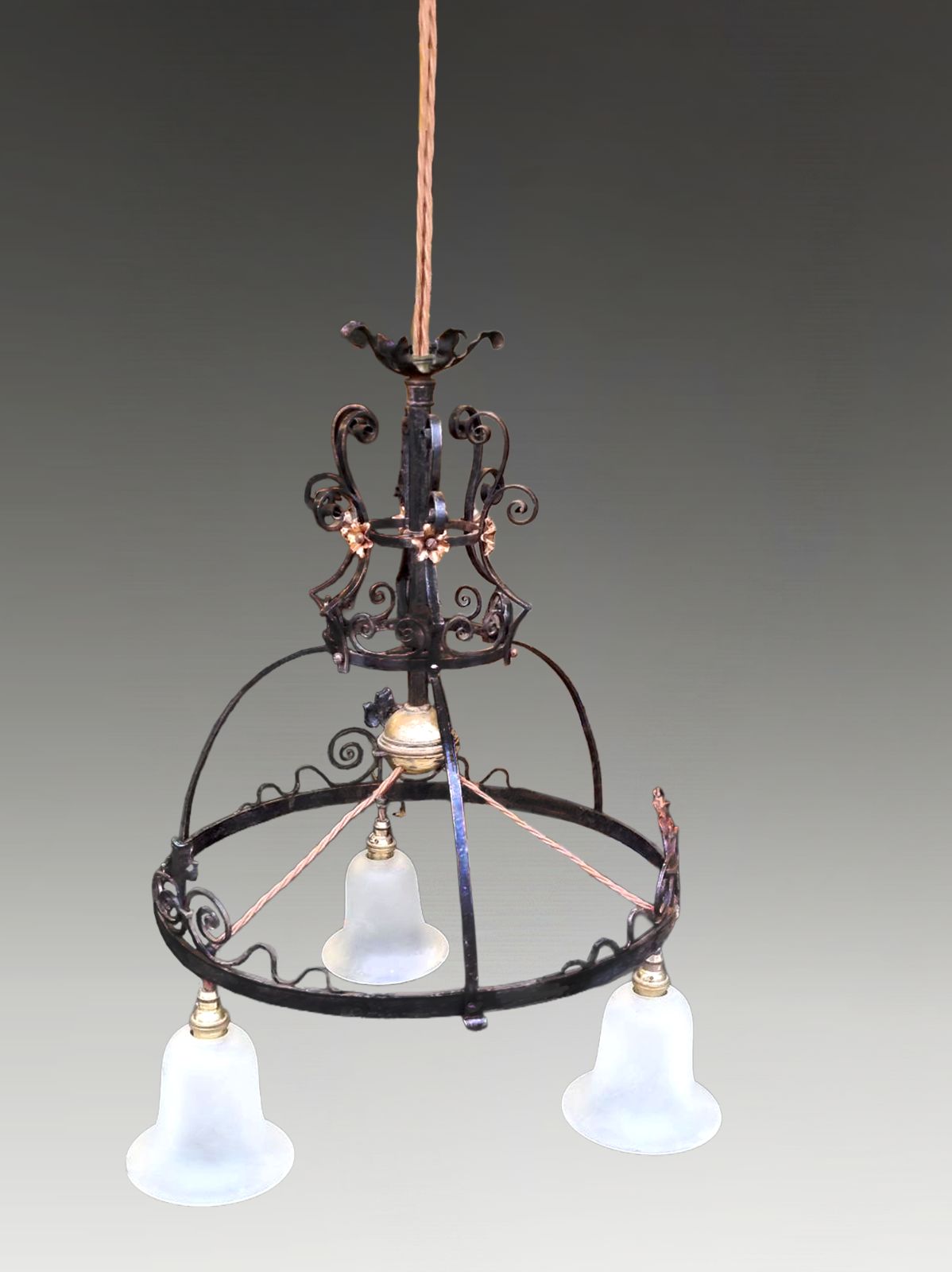Antique Art Nouveau Lighting Chandelier Copper And Wrought Iron  Original  60cmd photo 2200.0