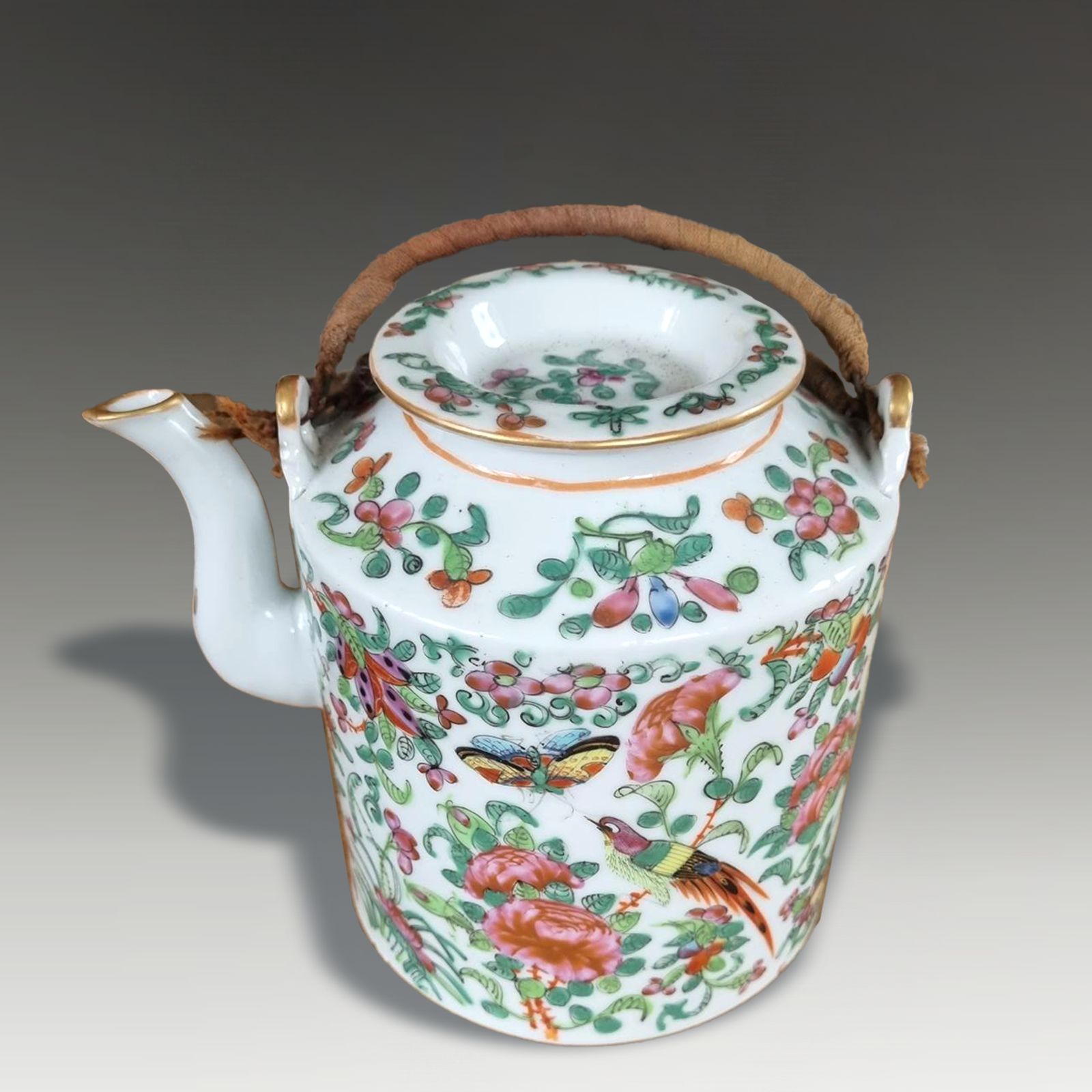Antique Chinese "Rose Canton"  Teapot With Original Handles Circa 1870 15cm  H