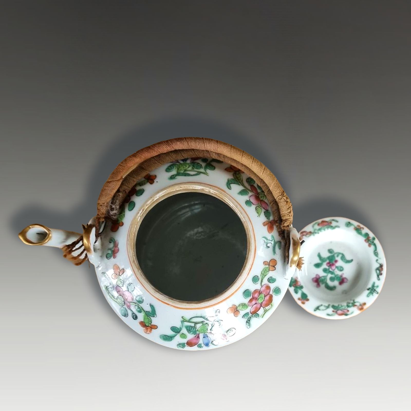 Antique Chinese "Rose Canton"  Teapot With Original Handles Circa 1870 15cm  H photo for sale
