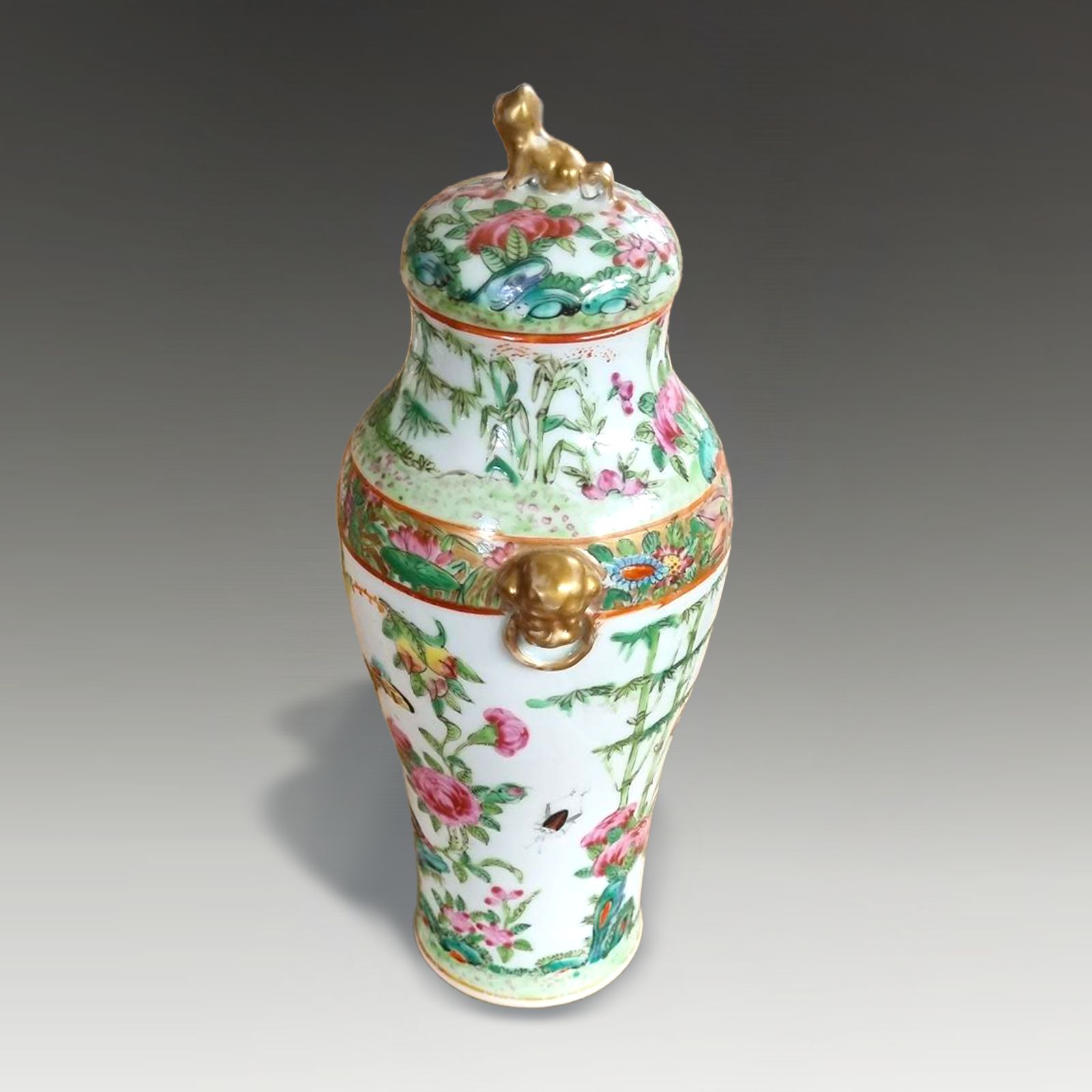Antique Chinese  "Rose Canton" Lidded Vase With Side Handles Circa 1830 26cm  H photo for sale