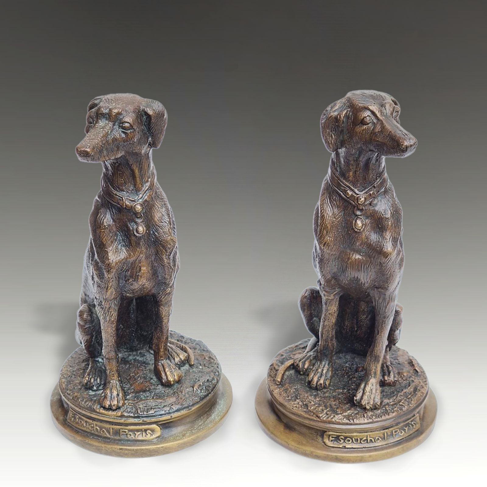 Belle Epoque Pair Of Cast Bronze Greyhound /Lurcher  Lovely Quality 18cm H