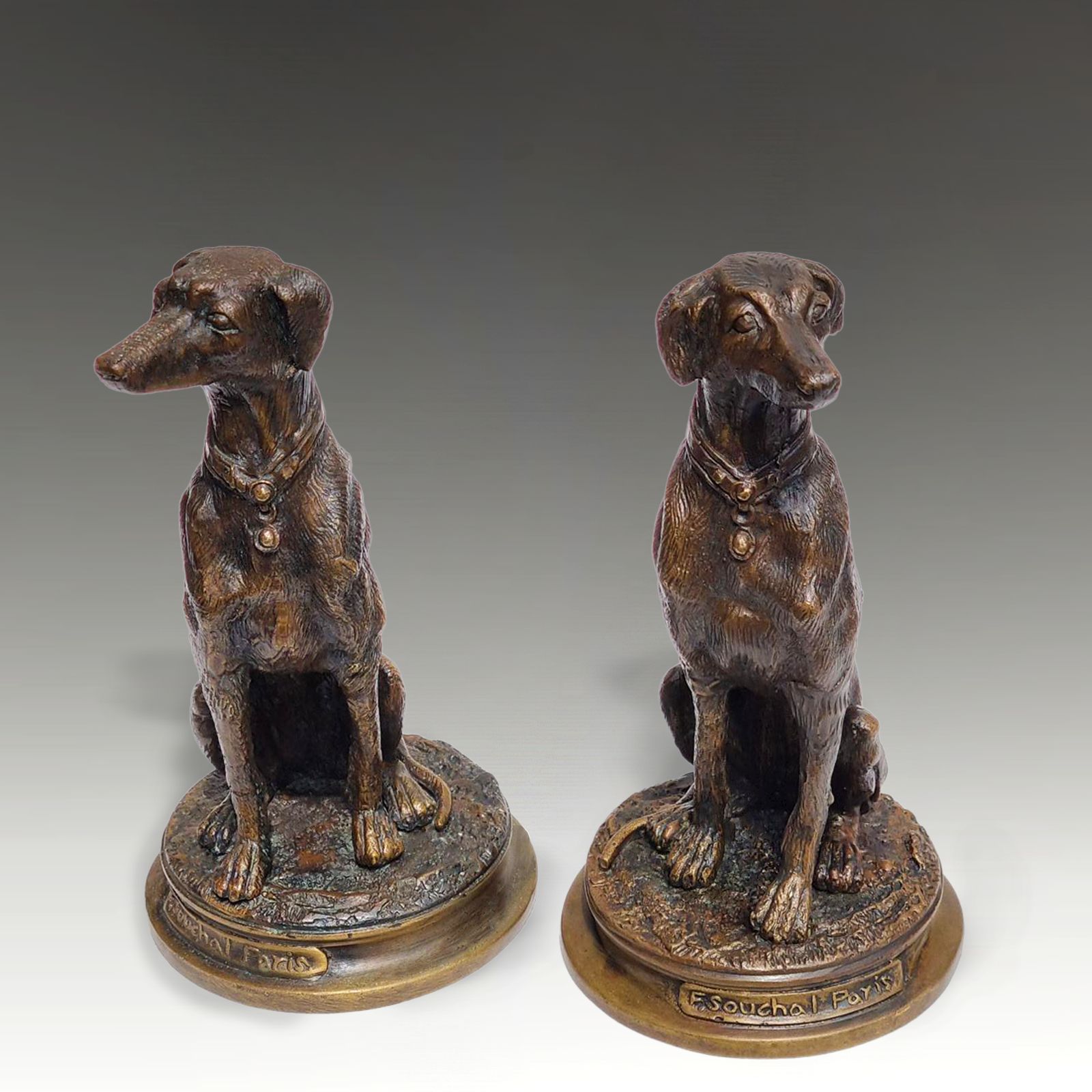 Belle Epoque Pair Of Cast Bronze Greyhound /Lurcher  Lovely Quality 18cm H photo Art
