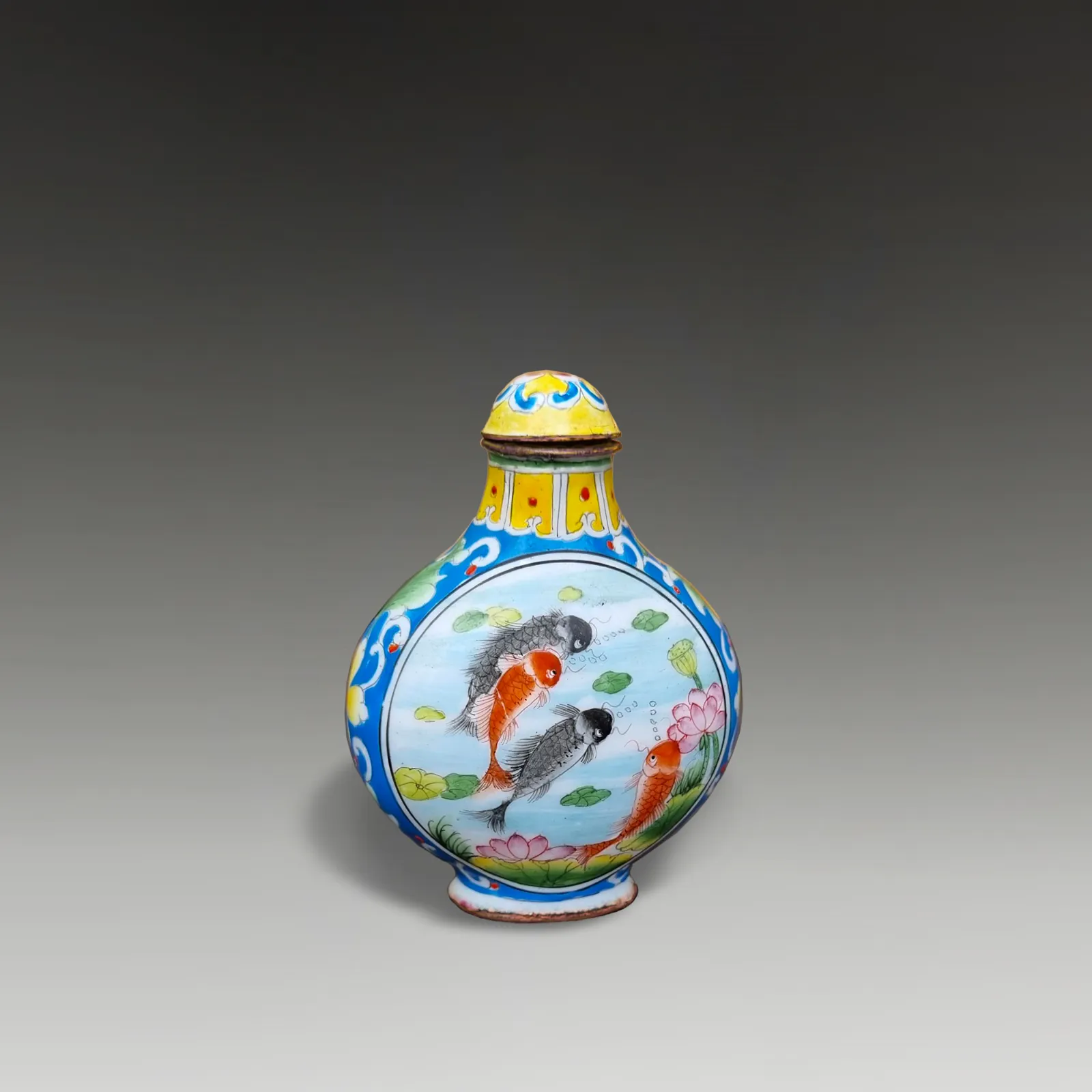 Chinese Mark & Period Qianlong Canton Enamel Snuff Bottle  Koi Carp 6.5cm High photo furniture