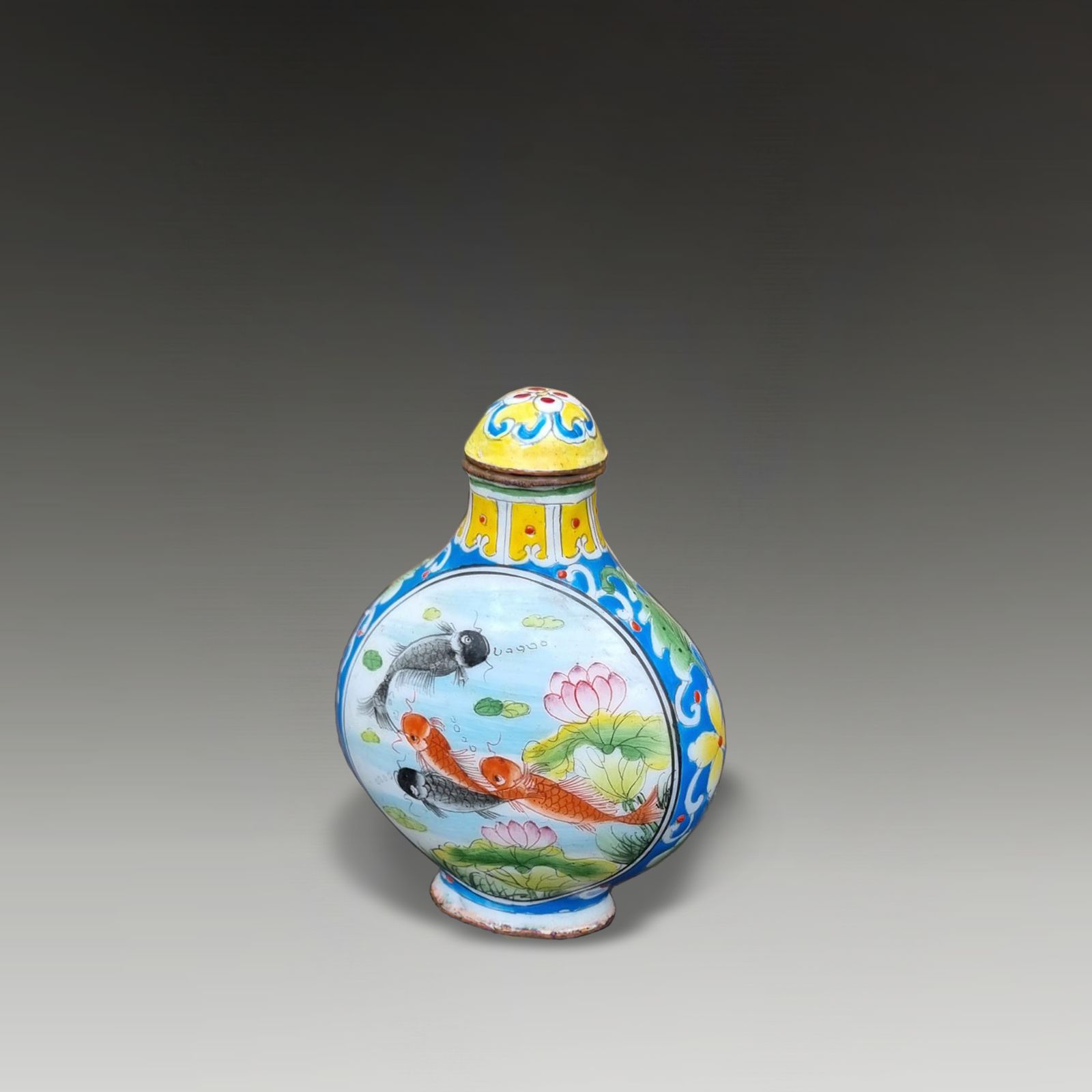 Chinese Mark & Period Qianlong Canton Enamel Snuff Bottle  Koi Carp 6.5cm High photo for sale