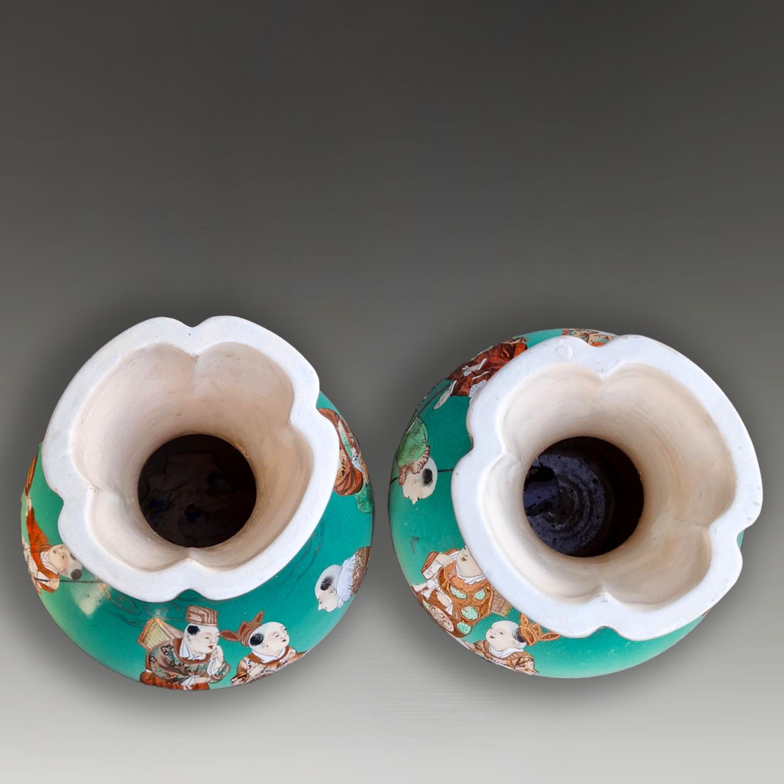 Pair Of Japanese Satsuma  Large Vases Unusual Green Background   49cm H photo 345.0