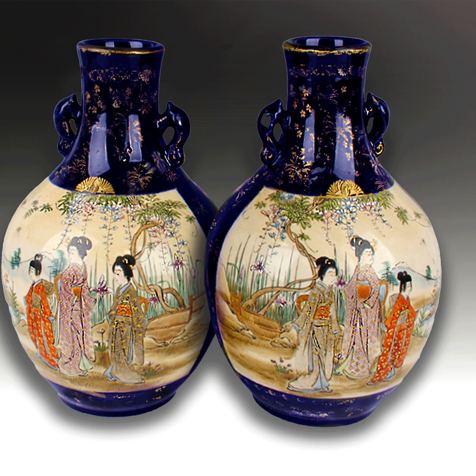 Kyo Satsuma Vases By Kusube. Superb Quality  Meiji Period  Gosu Blue And Gilding photo 295.0