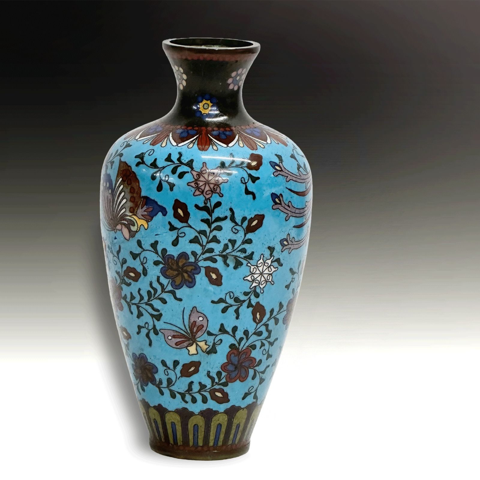 Japanese Cloisonne Vase  Meiji Period  Turquoise Blue Ground  Superb  15cm Tall photo furniture