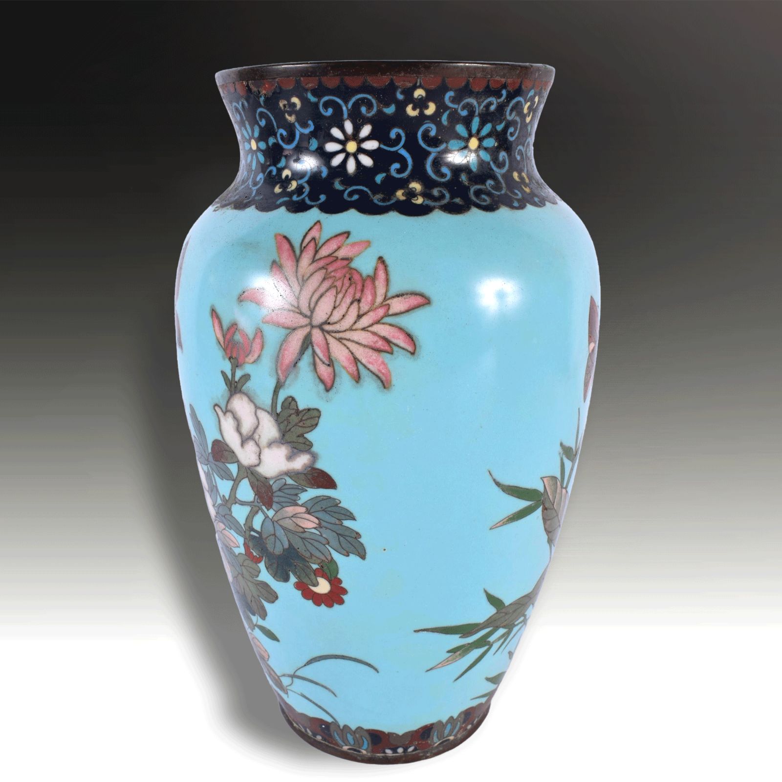 Japanese Cloisonne Large Vase  Meiji Period  Pale Blue Ground  Superb  24cm H photo furniture