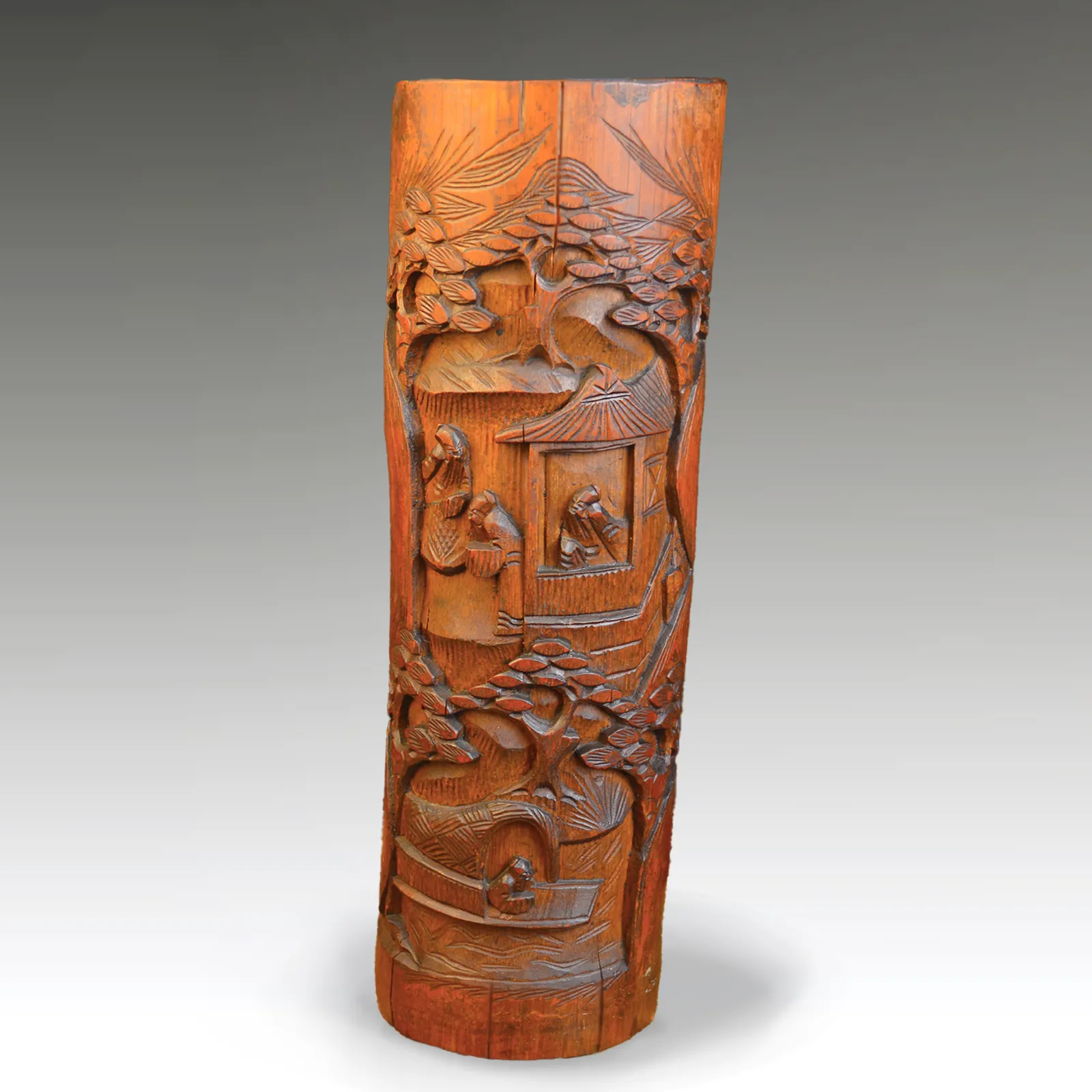 Chinese Carved Bamboo Incense Pot Qing Dynasty  19th Century  Good Colour 36cm H