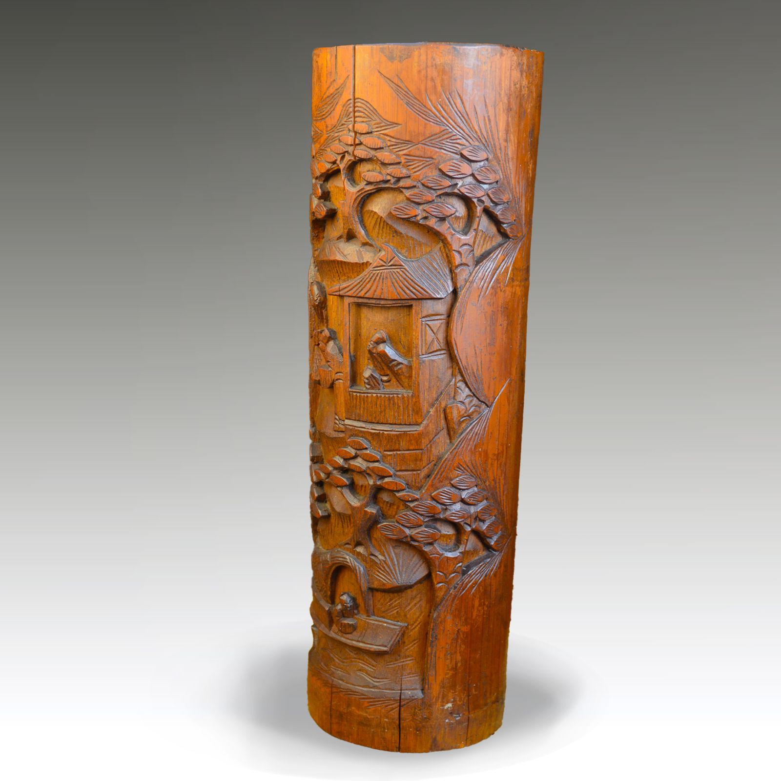Chinese Carved Bamboo Incense Pot Qing Dynasty  19th Century  Good Colour 36cm H photo furniture