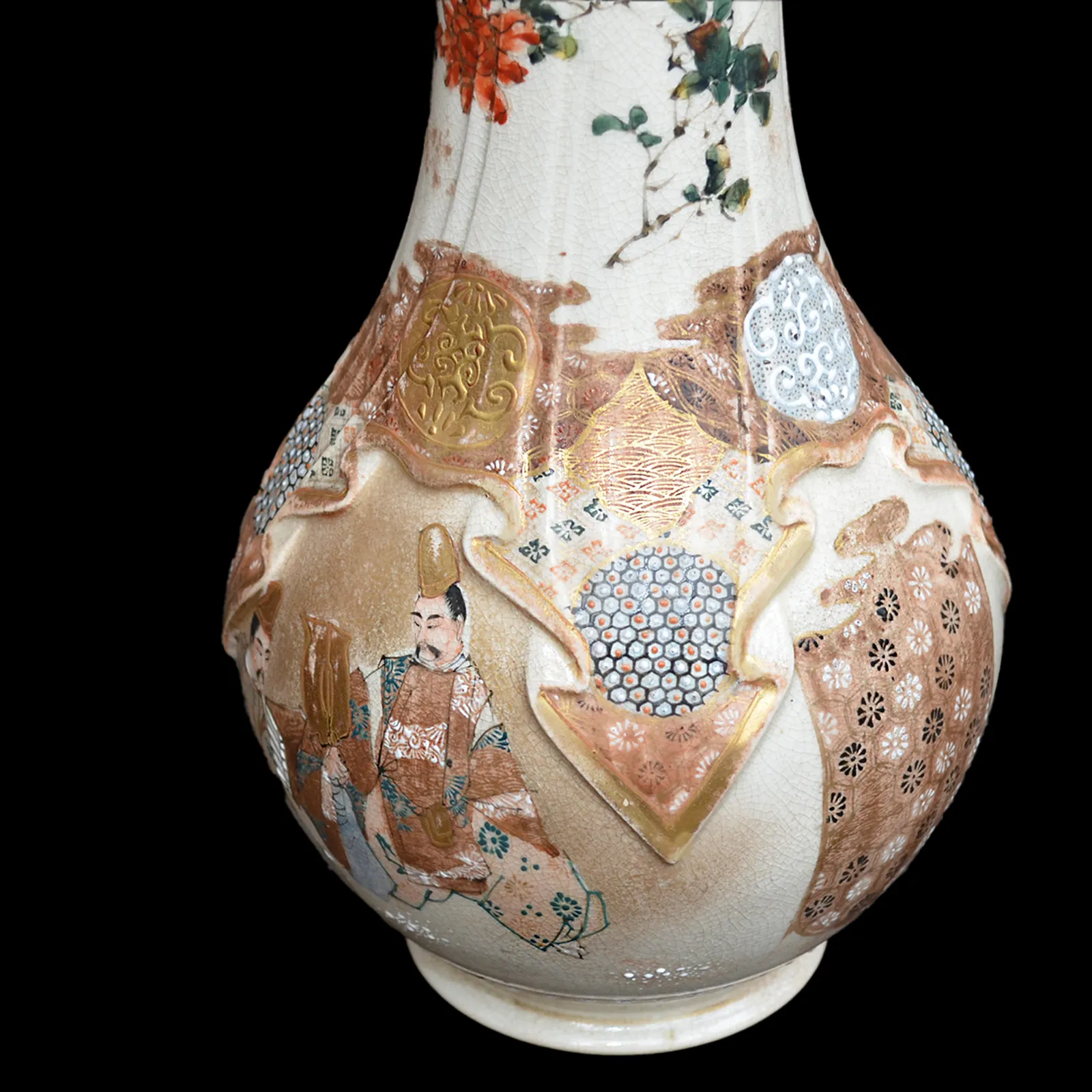 Antique Japanese Satsuma Tall Vase  Unusual Design  Meiji  Kyo Satsuma 41cm H photo 395.0