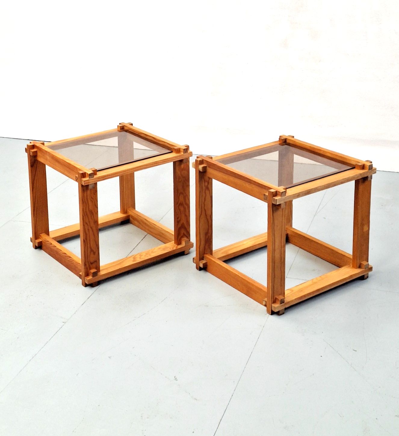 Pair Of Vintage Pine Cubes With Smoked Glass Tops 70s photo vintage
