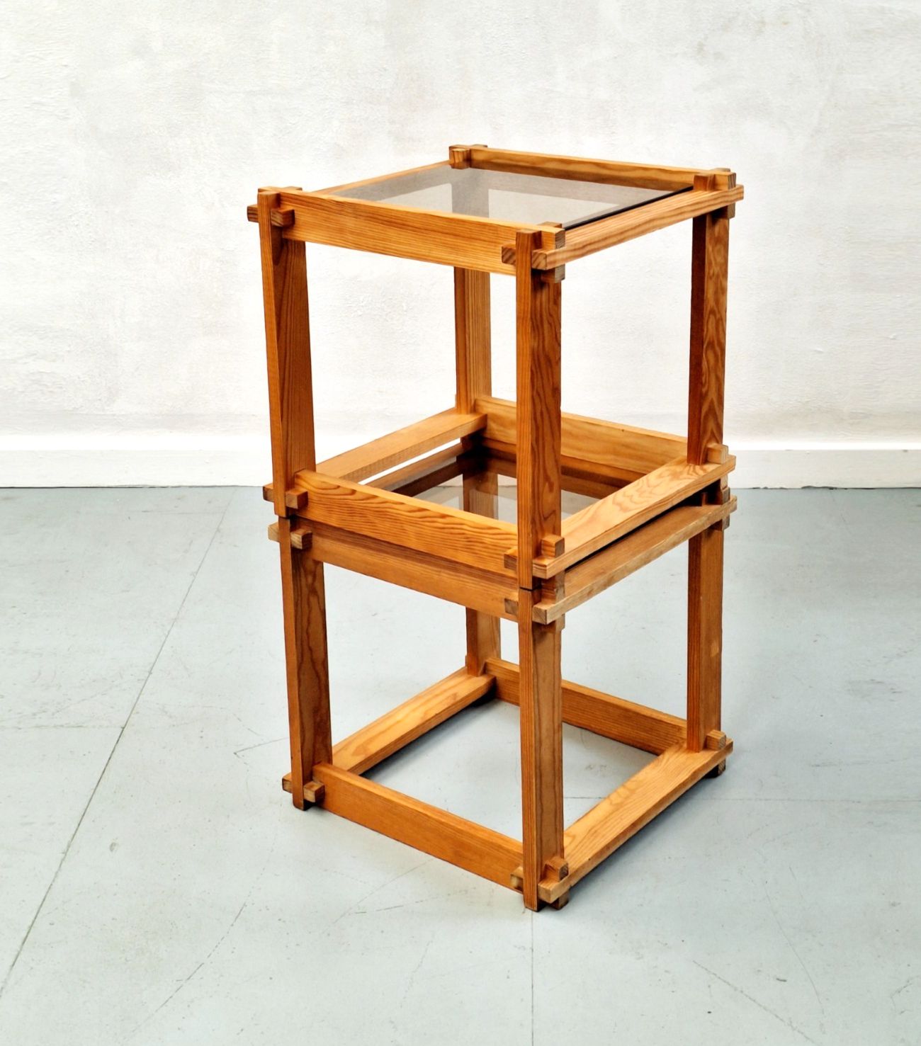 photo buy Pair Of Vintage Pine Cubes With Smoked Glass Tops 70s
