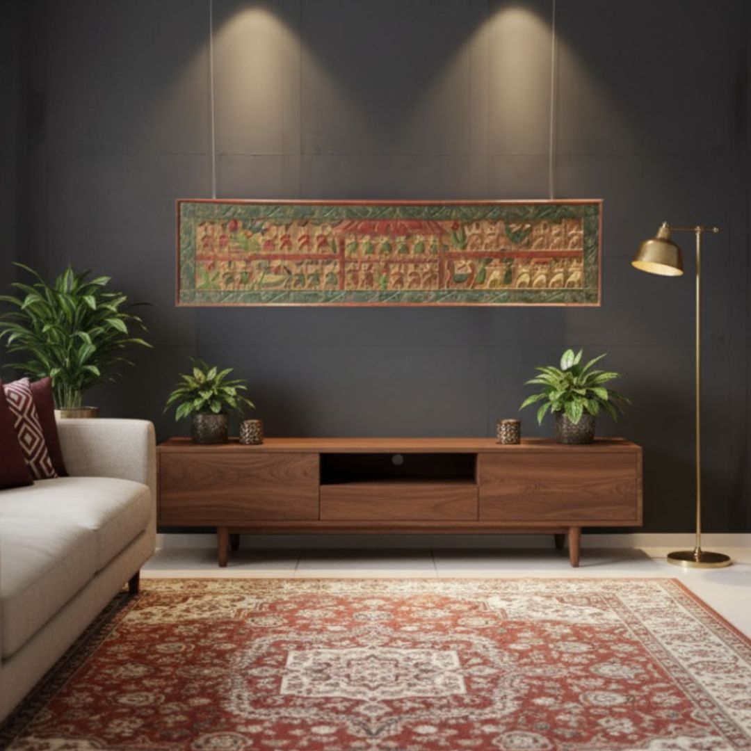 Antique Indian Teakwood Wall Decor (1800s) – Hand Painted Tribal & Animal Motif Artwork | Hand Carved Folk Art From India photo for sale
