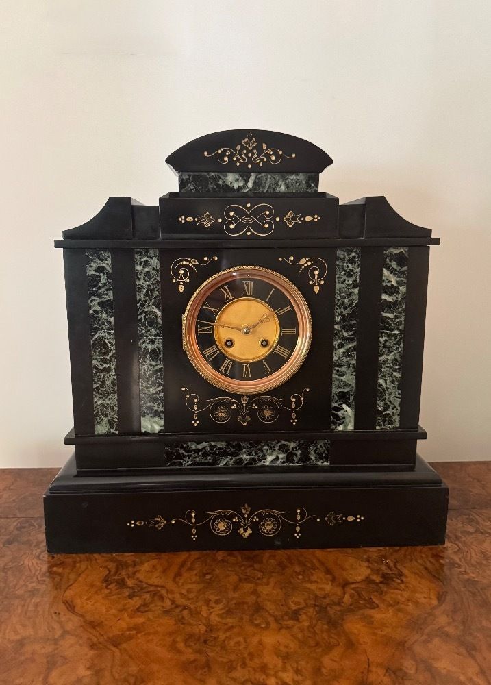 Pretty Victorian Marble Inlaid Mantle Clock photo for sale