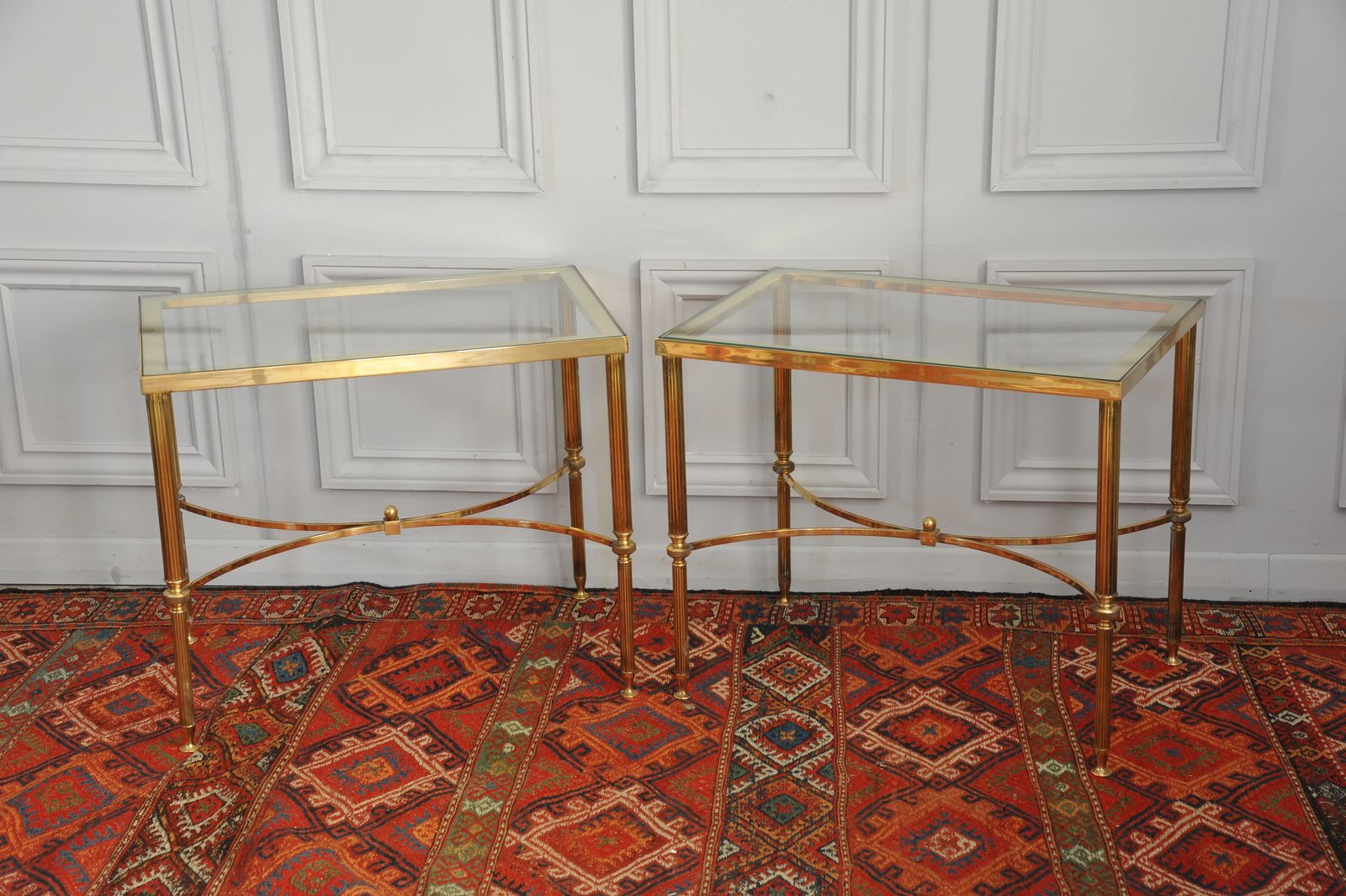 A Pair Of Mid C Maison Jansen Side Bout De Canape Brass And Glass Tables