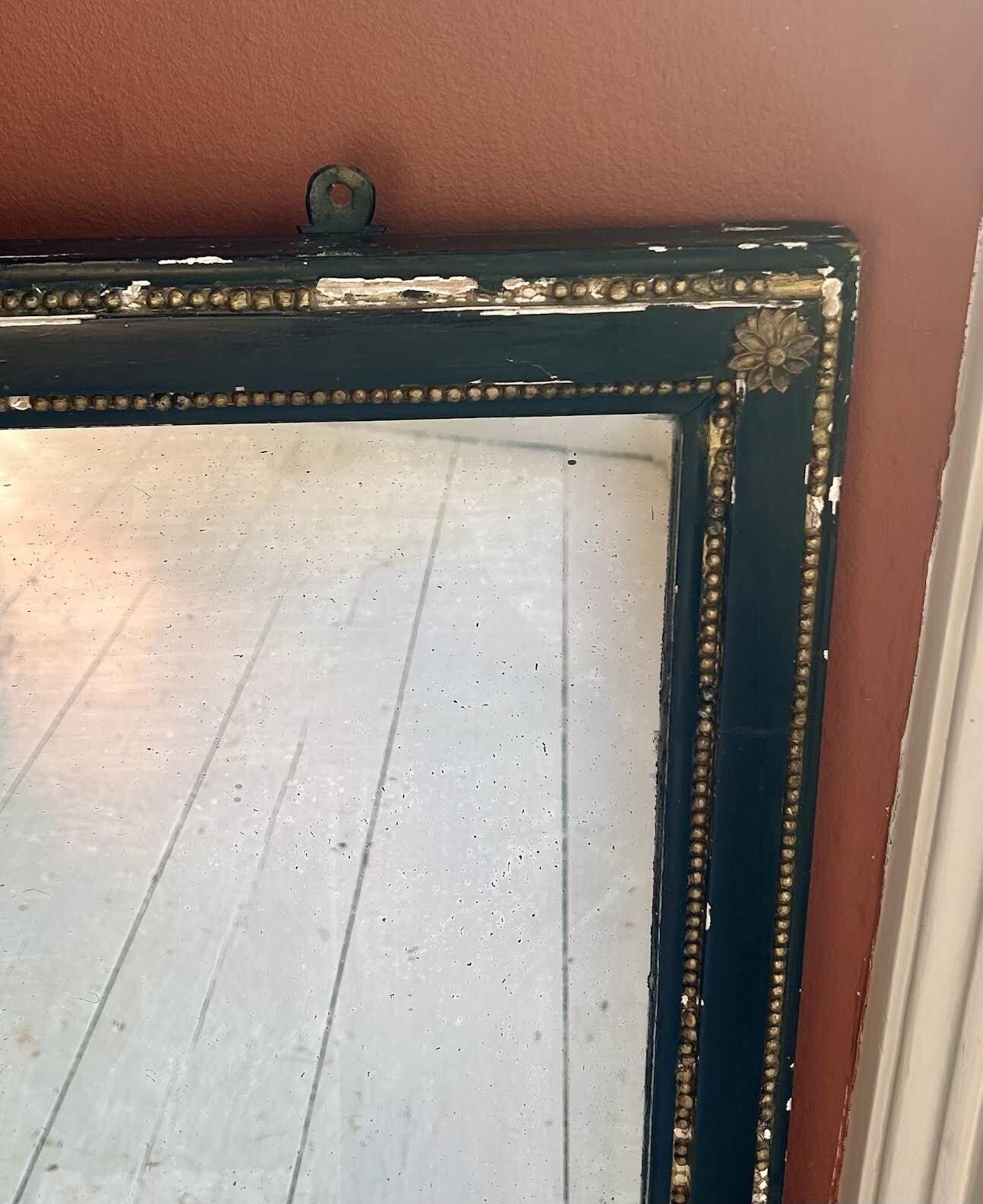 Antique French Distressed Black And Gold Overmantel Mirror photo furniture