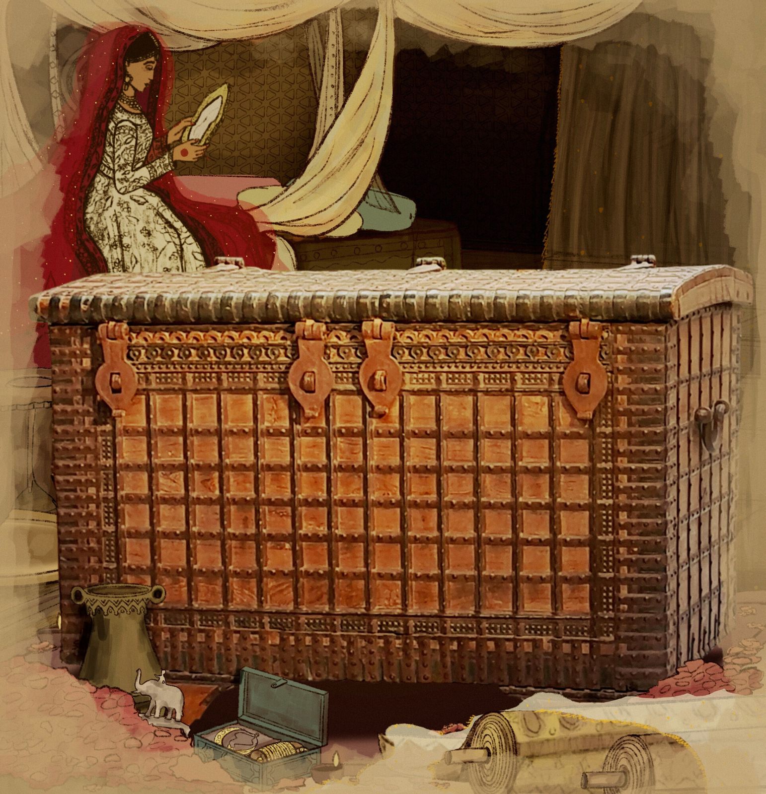 Antique Damchiya Bridal Dowry Chest With Four Distinct Iron Locks, Circa 1890 photo for sale
