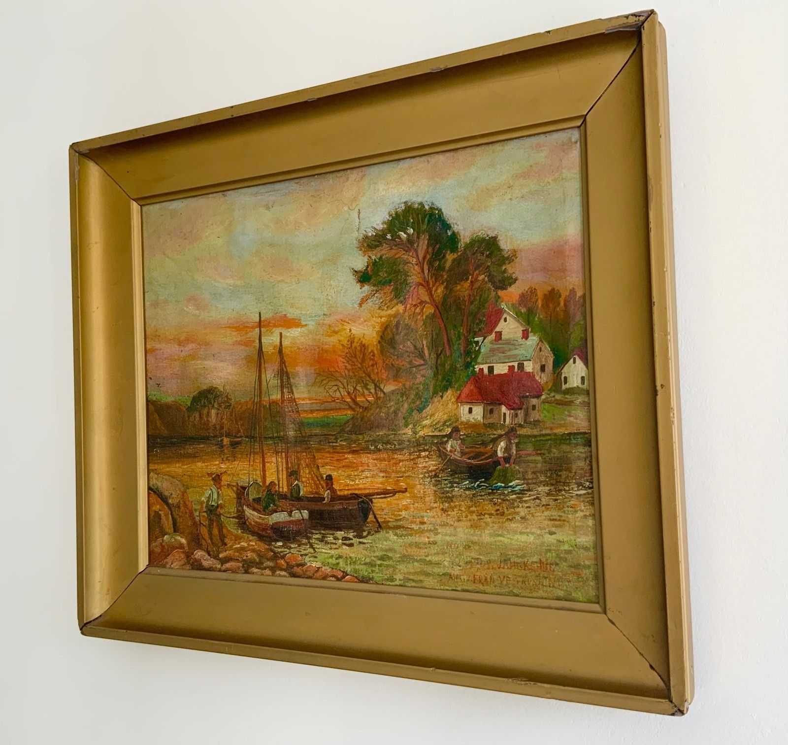 Antique Folk Art Oil On Canvas Fisherman’s Scene Landscape 19th Century photo furniture