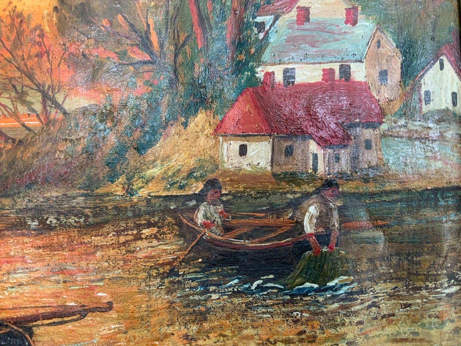 Antique Folk Art Oil On Canvas Fisherman’s Scene Landscape 19th Century photo buy