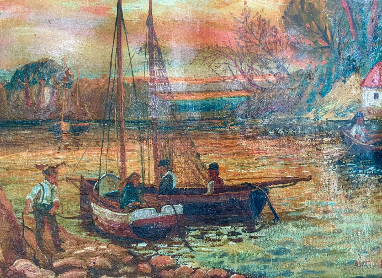 Antique Folk Art Oil On Canvas Fisherman’s Scene Landscape 19th Century photo vintage